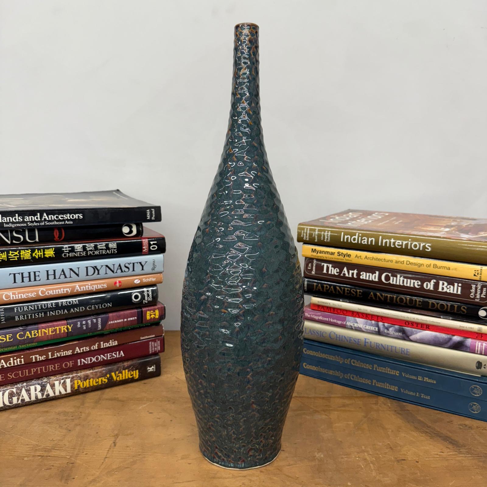 Glazed Teal &amp; Amber Textured Ceramic Vase with Narrow Neck - FEA Home