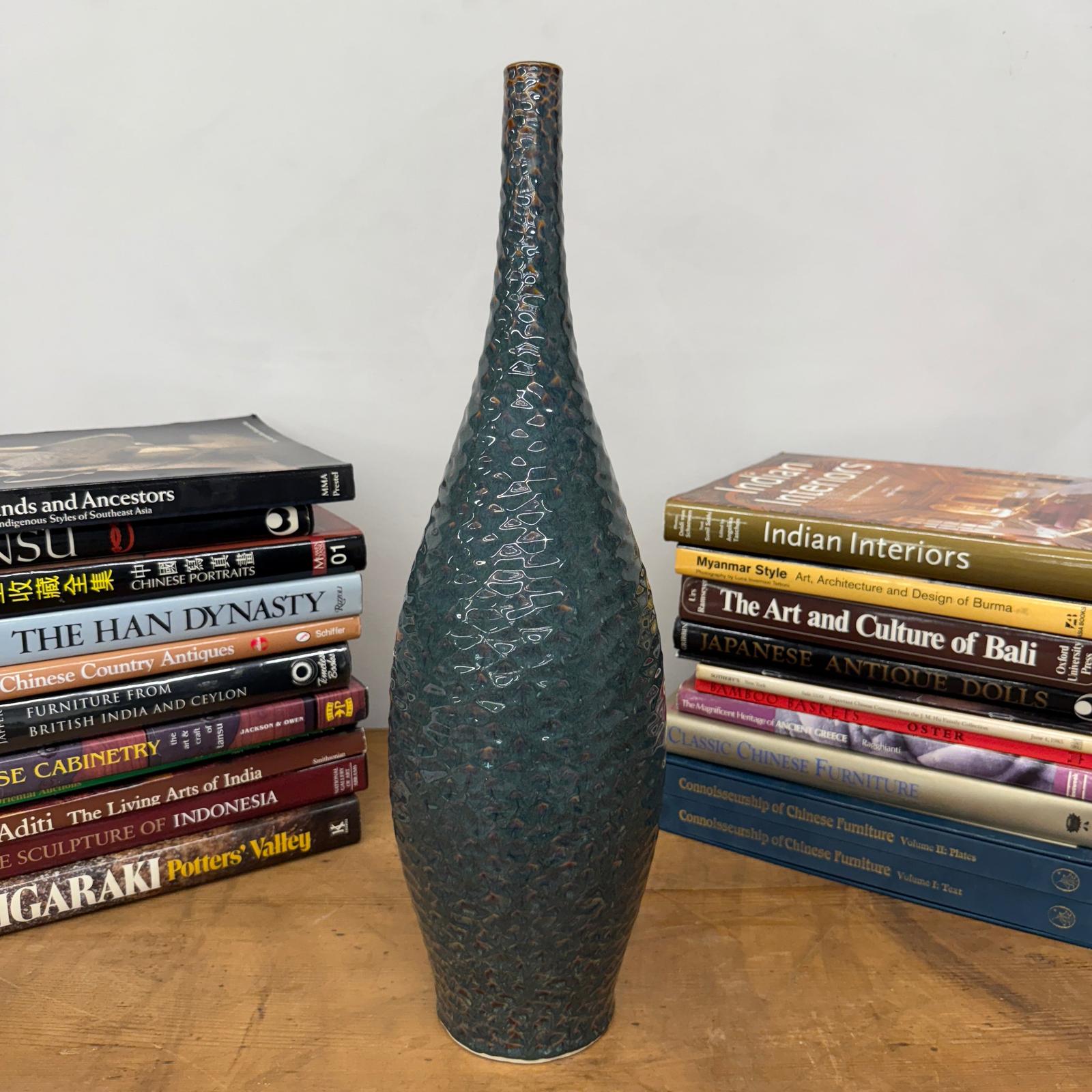 Glazed Teal &amp; Amber Textured Ceramic Vase with Narrow Neck - FEA Home