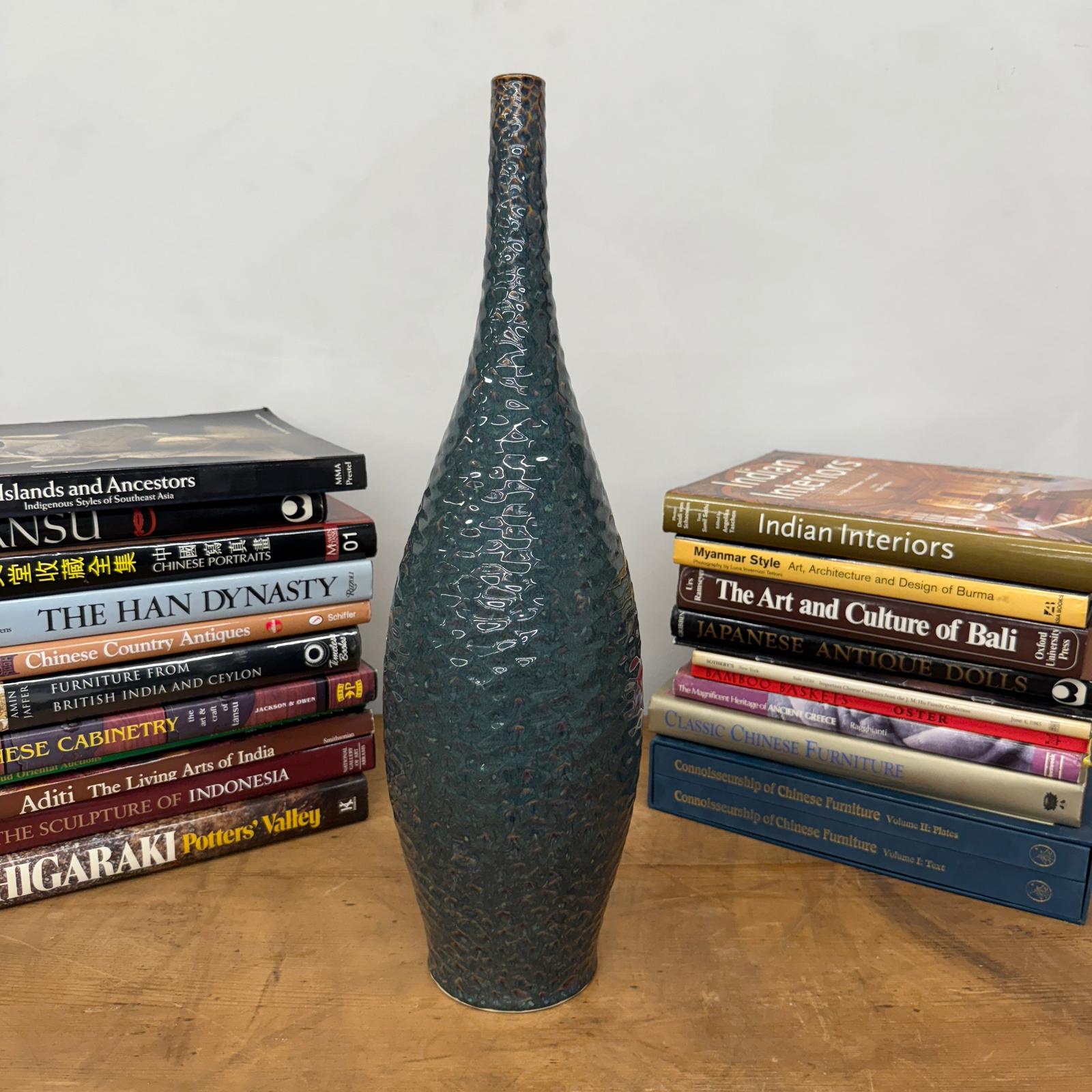 Glazed Teal &amp; Amber Textured Ceramic Vase with Narrow Neck - FEA Home