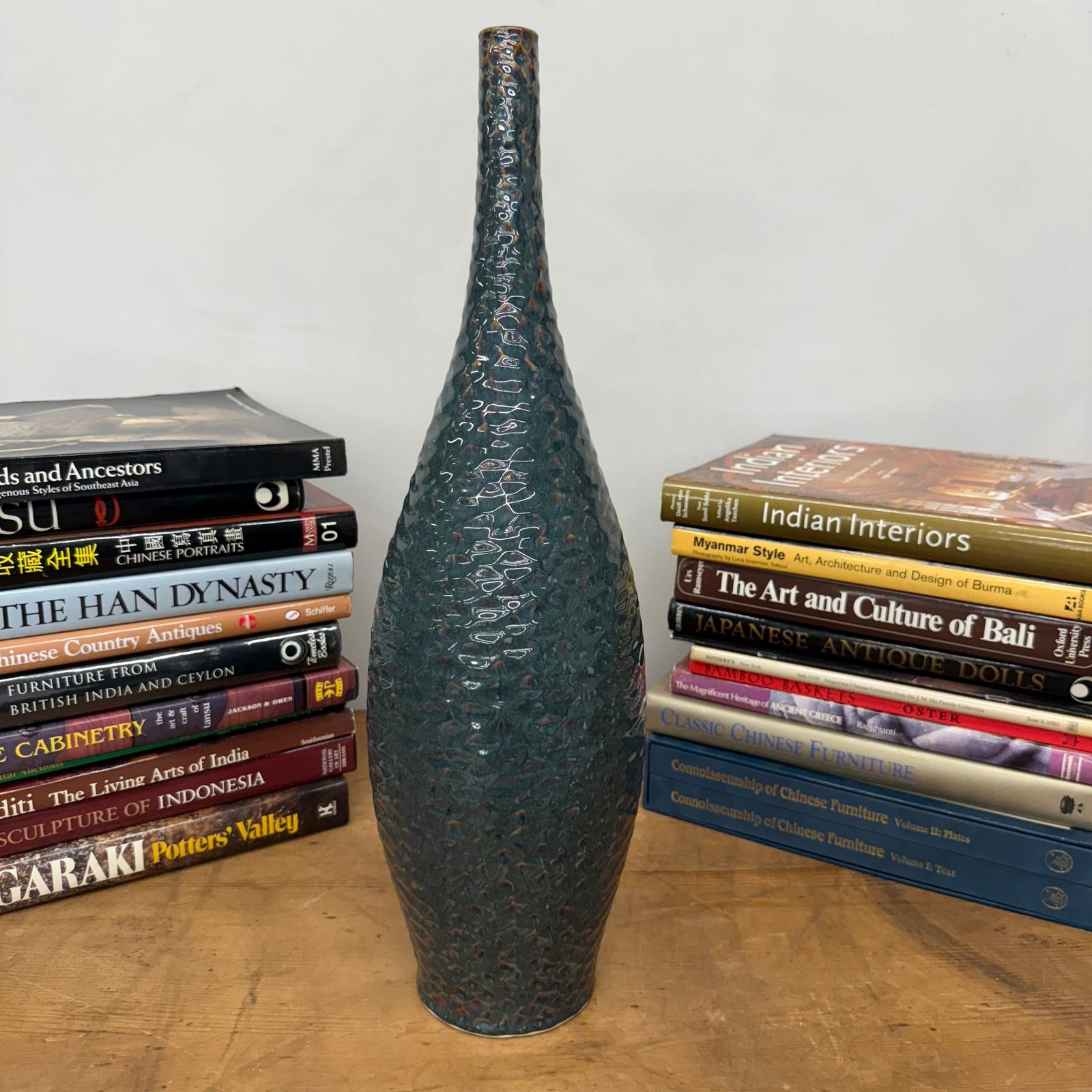 Glazed Teal &amp; Amber Textured Ceramic Vase with Narrow Neck - FEA Home
