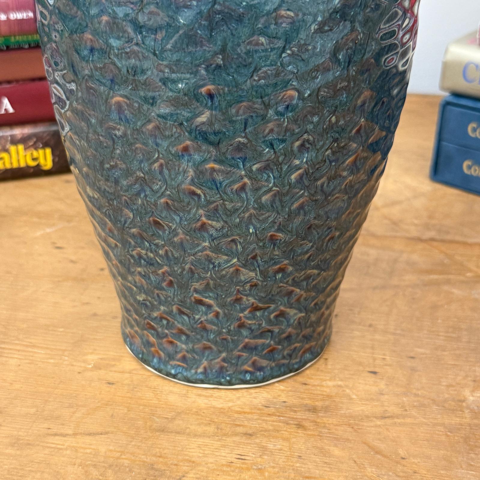 Glazed Teal &amp; Amber Textured Ceramic Vase with Narrow Neck - FEA Home