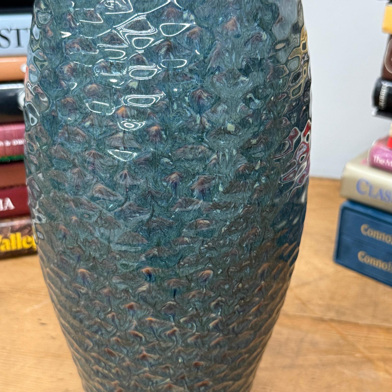 Glazed Teal &amp; Amber Textured Ceramic Vase with Narrow Neck - FEA Home