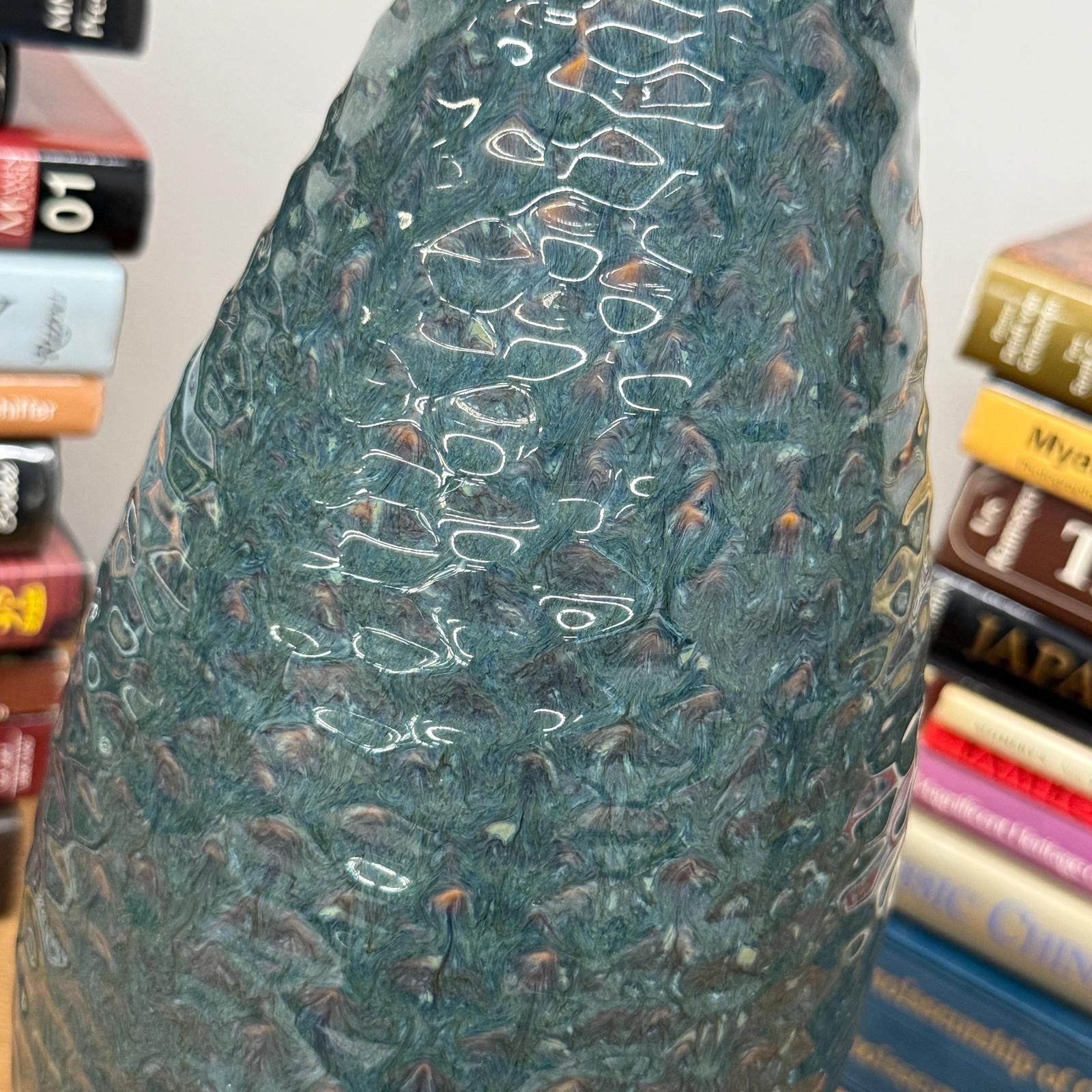 Glazed Teal &amp; Amber Textured Ceramic Vase with Narrow Neck - FEA Home