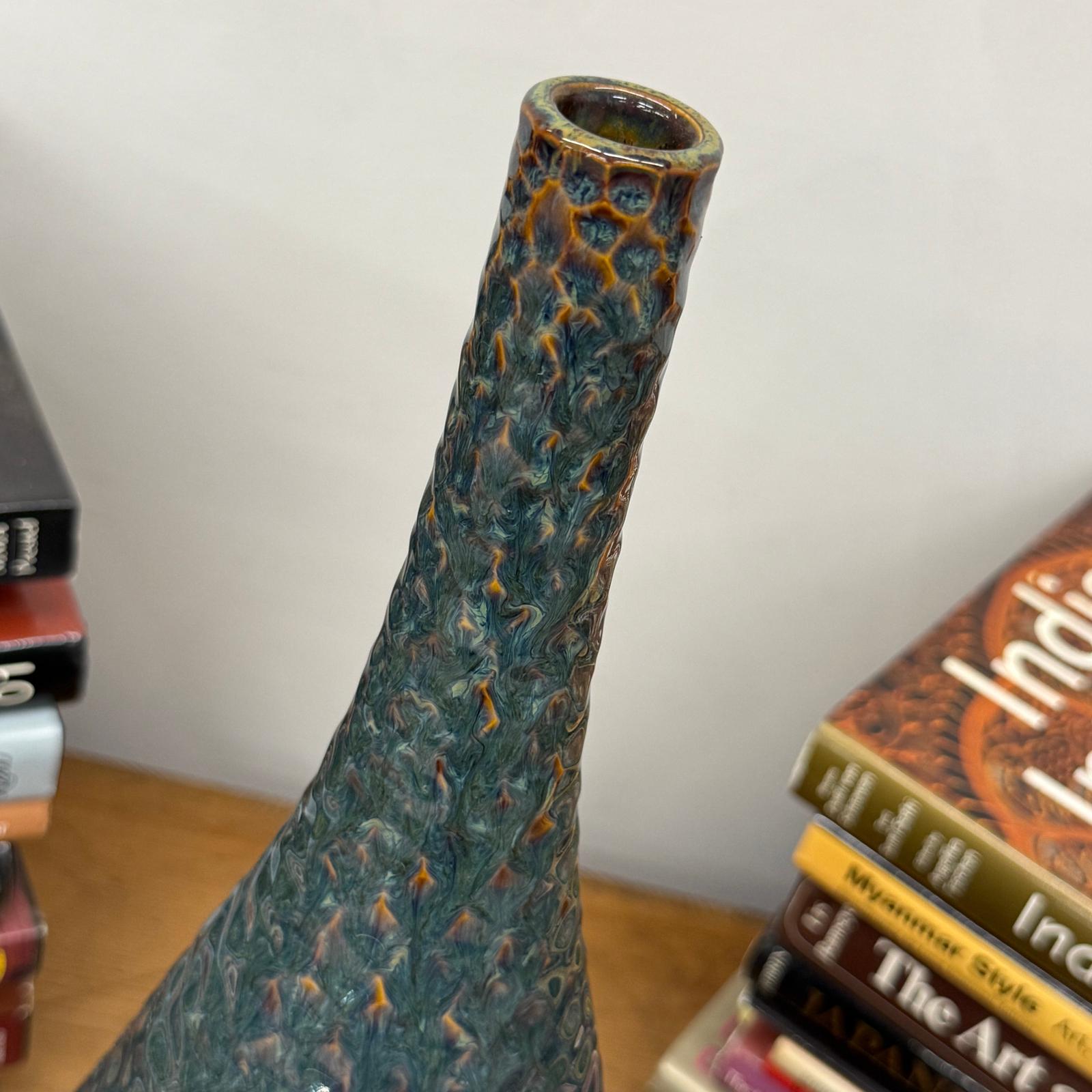Glazed Teal &amp; Amber Textured Ceramic Vase with Narrow Neck - FEA Home