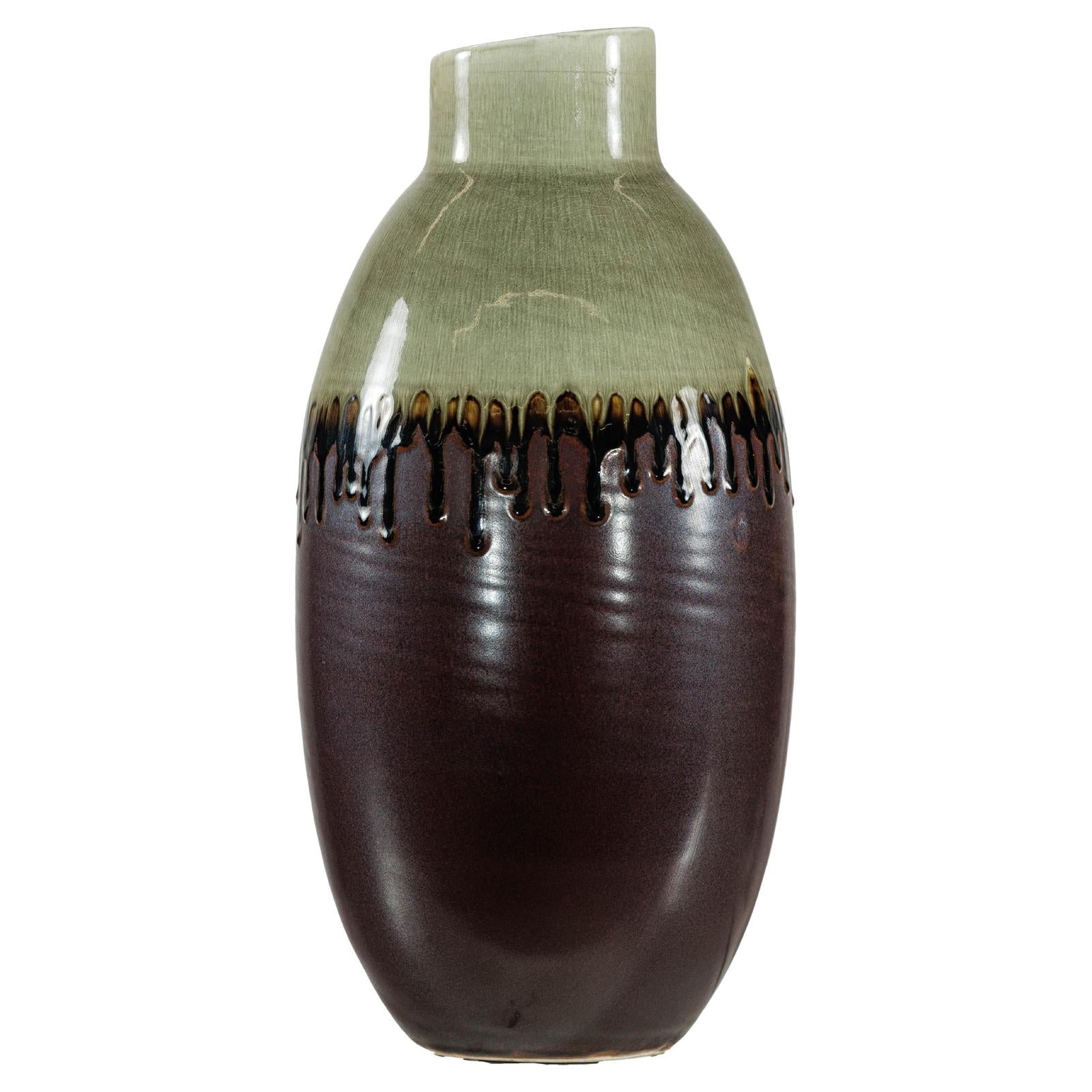 Green and Brown Vase with Drip Glaze and Asymmetric Rim-1. Asian & Chinese Furniture, Art, Antiques, Vintage Home Décor for sale at FEA Home