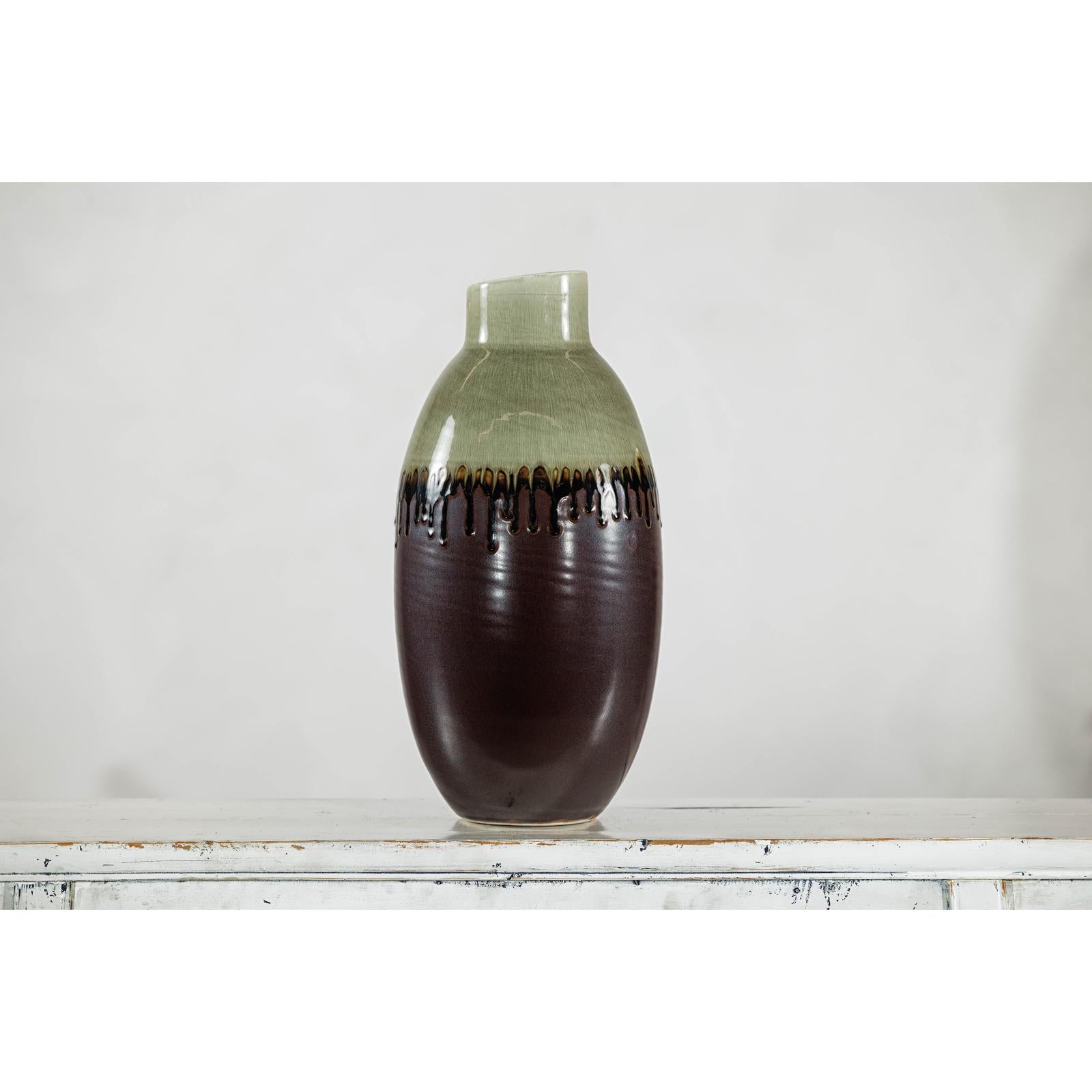 Green and Brown Vase with Drip Glaze and Asymmetric Rim-11. Asian &amp; Chinese Furniture, Art, Antiques, Vintage Home Décor for sale at FEA Home