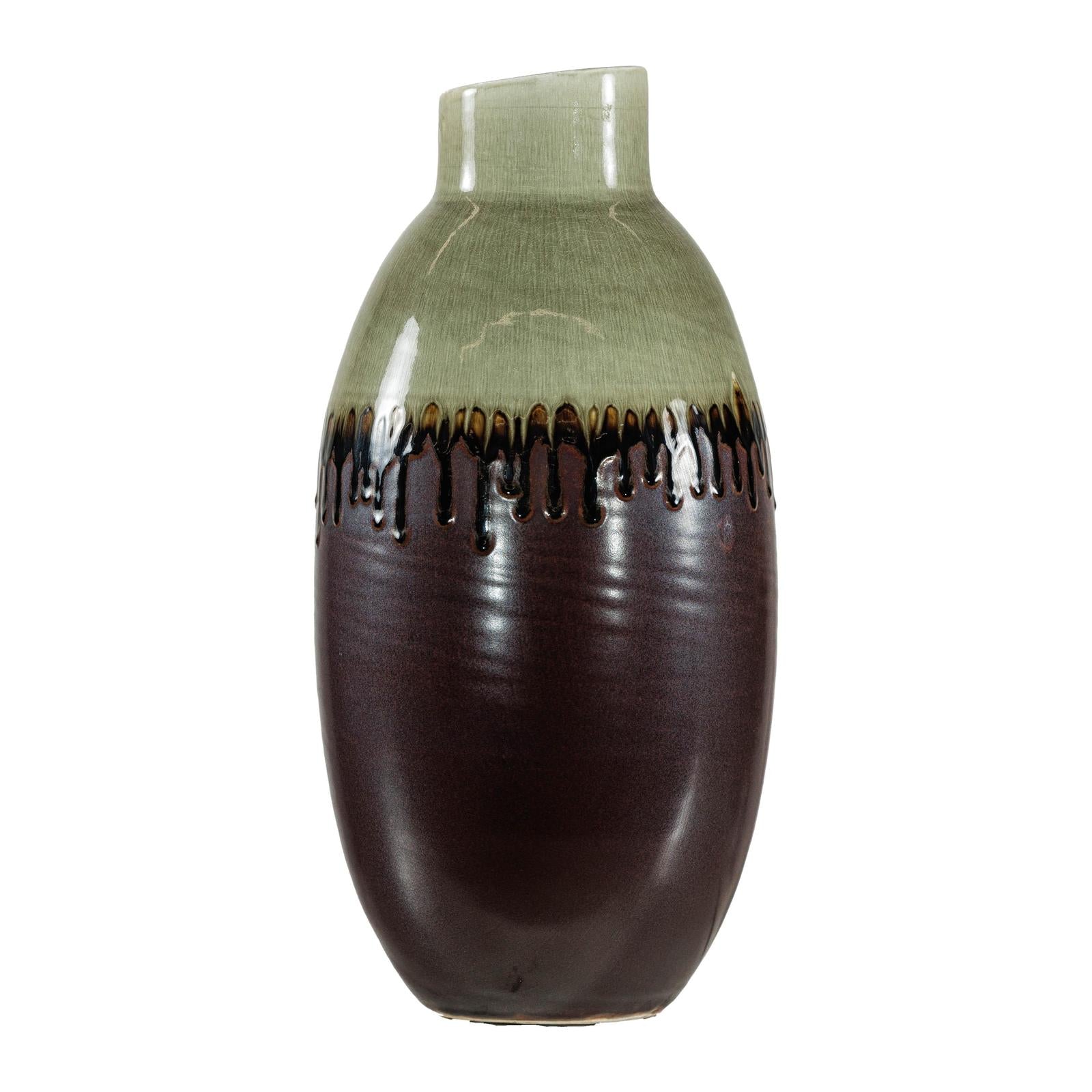 Green and Brown Vase with Drip Glaze and Asymmetric Rim-12. Asian &amp; Chinese Furniture, Art, Antiques, Vintage Home Décor for sale at FEA Home