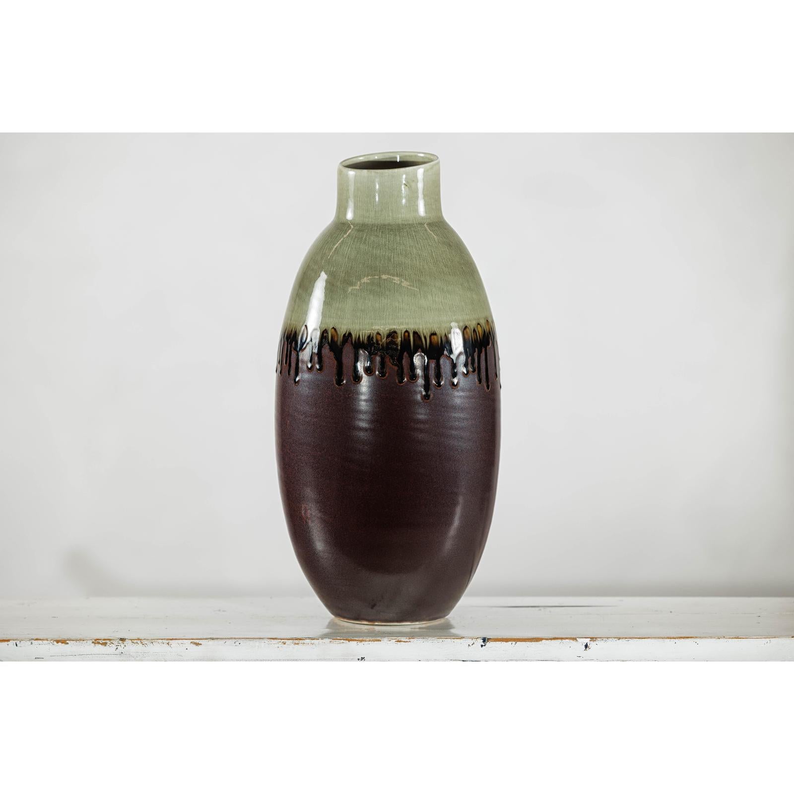 Green and Brown Vase with Drip Glaze and Asymmetric Rim-6. Asian &amp; Chinese Furniture, Art, Antiques, Vintage Home Décor for sale at FEA Home