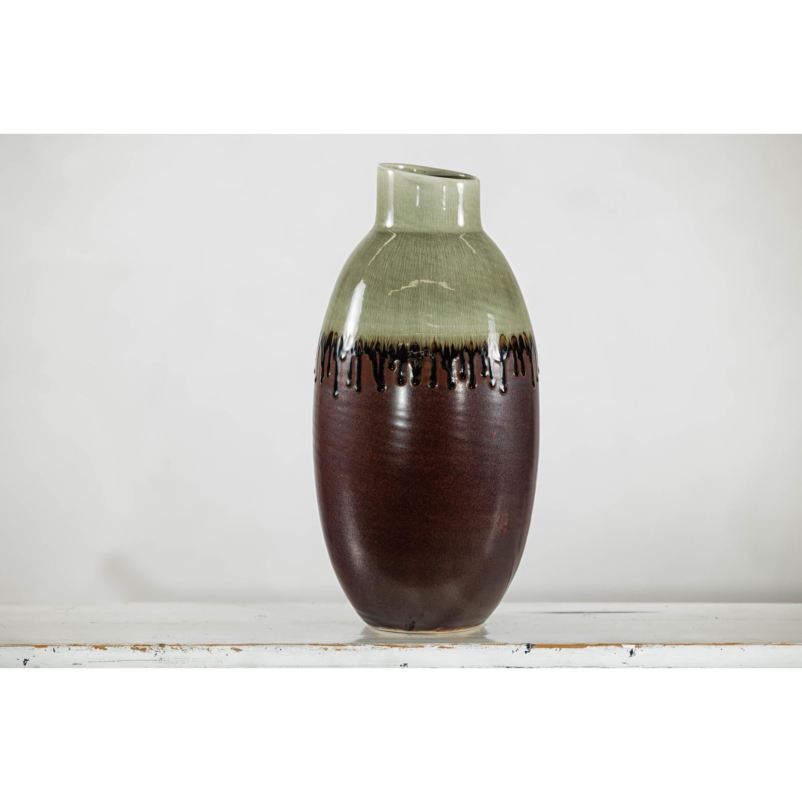 Green and Brown Vase with Drip Glaze and Asymmetric Rim-7. Asian &amp; Chinese Furniture, Art, Antiques, Vintage Home Décor for sale at FEA Home
