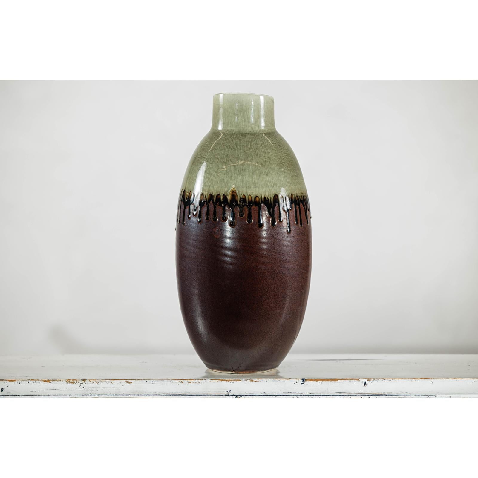 Green and Brown Vase with Drip Glaze and Asymmetric Rim-8. Asian &amp; Chinese Furniture, Art, Antiques, Vintage Home Décor for sale at FEA Home