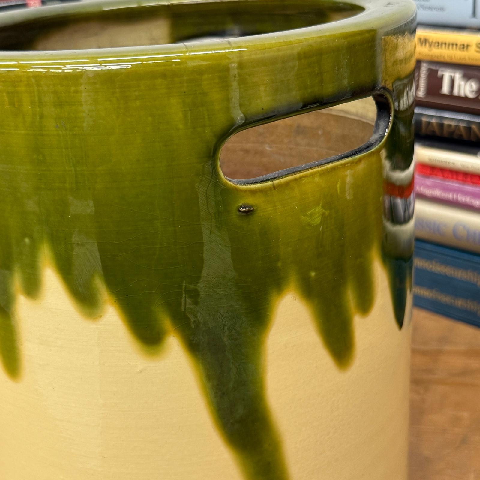 Green and Cream Ceramic Hibachi with Drip Glaze Detail