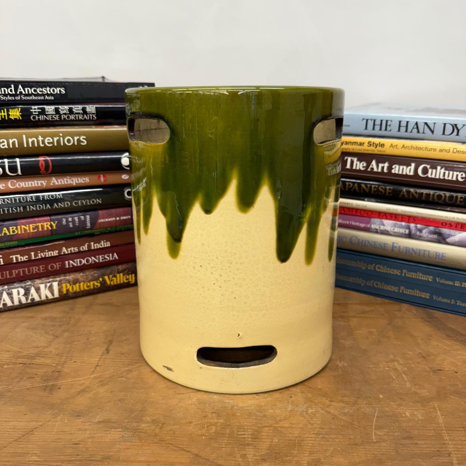Green and Cream Ceramic Hibachi with Drip Glaze Detail
