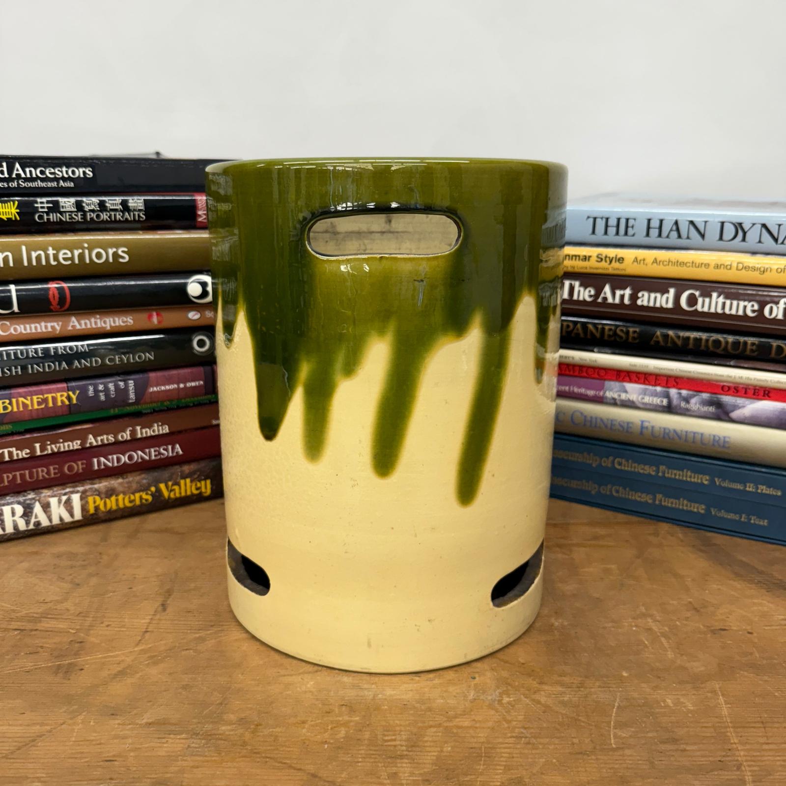 Green and Cream Ceramic Hibachi with Drip Glaze Detail