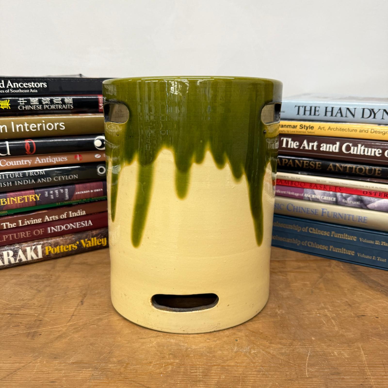 Green and Cream Ceramic Hibachi with Drip Glaze Detail