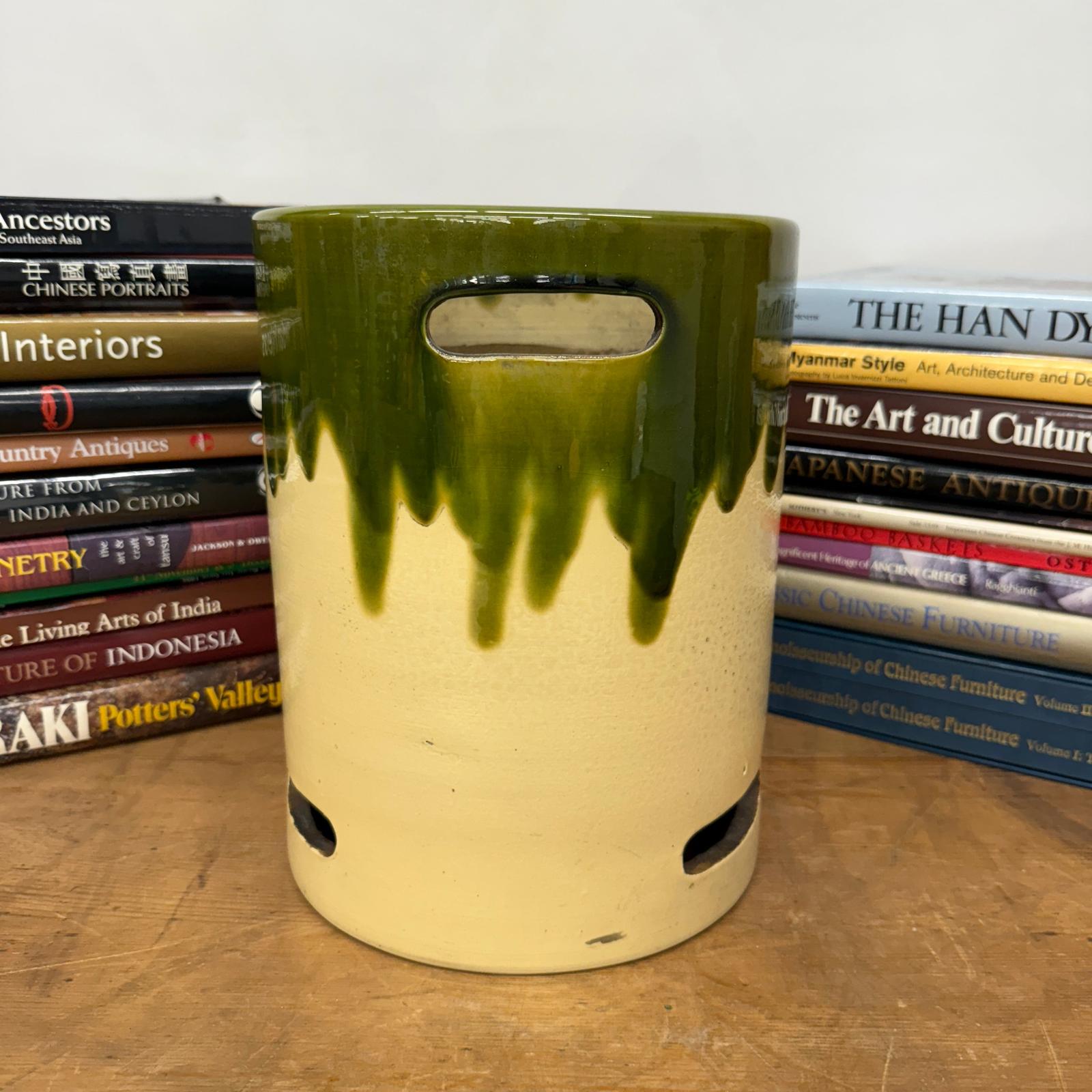 Green and Cream Ceramic Hibachi with Drip Glaze Detail