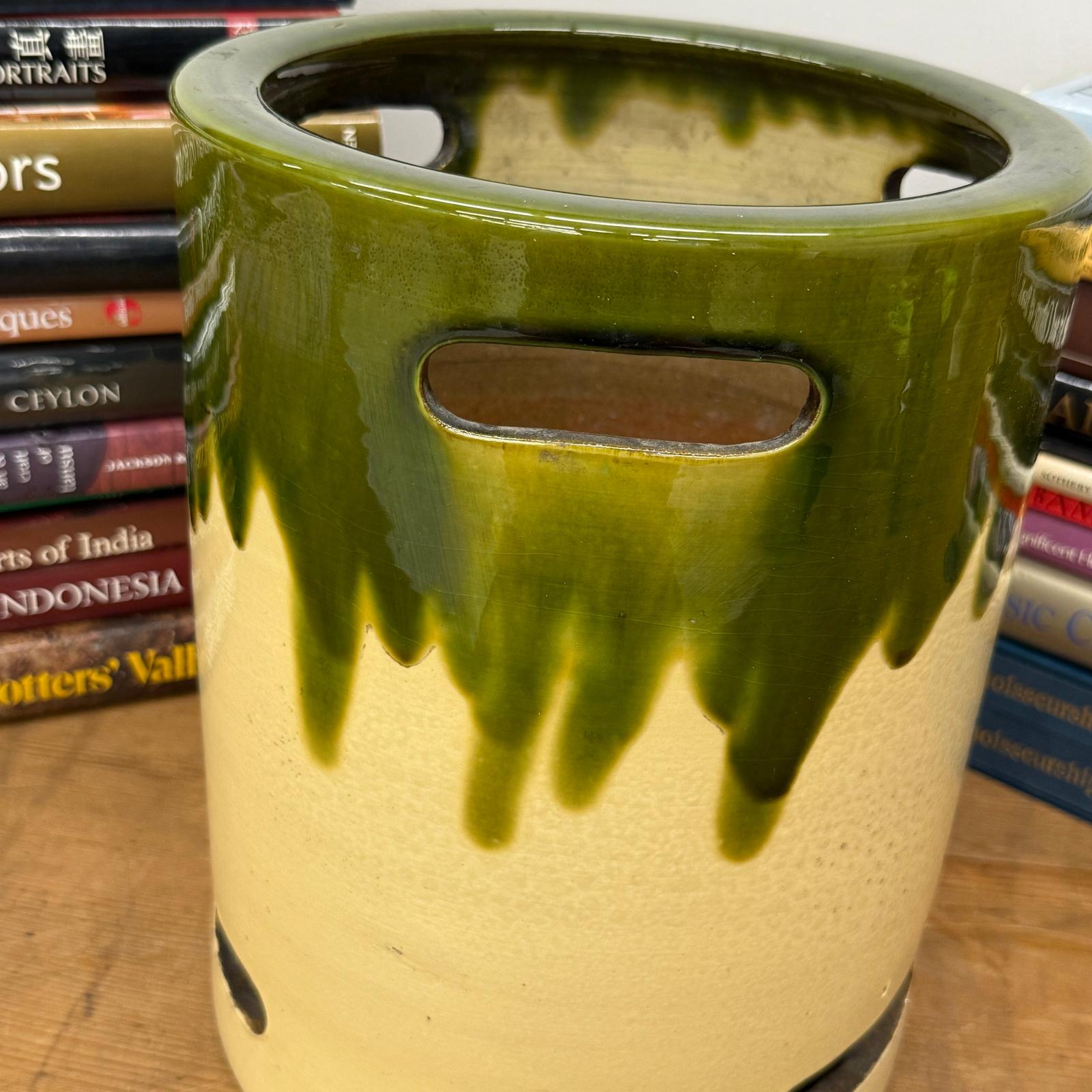 Green and Cream Ceramic Hibachi with Drip Glaze Detail