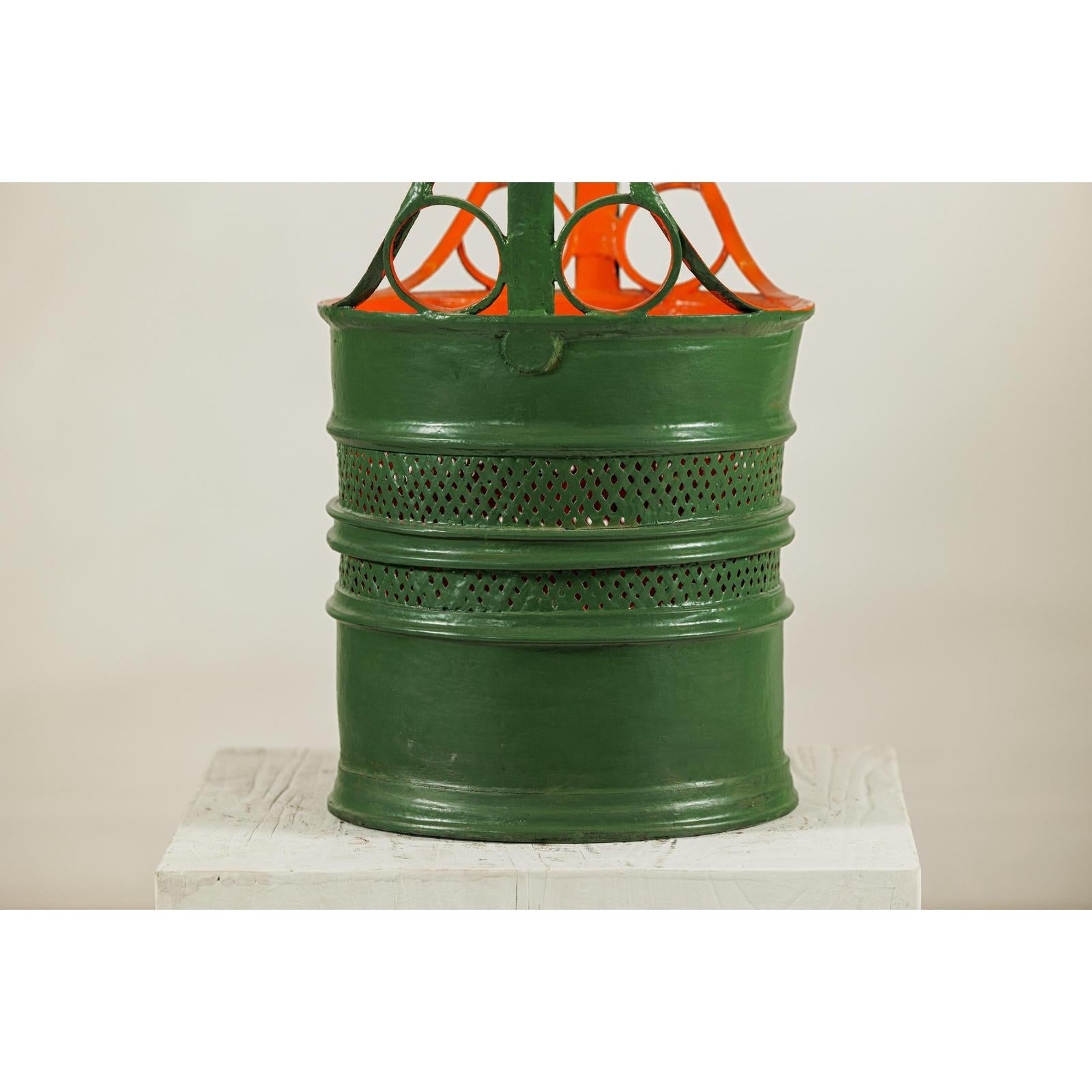 Green and Orange Antique Metal Basket with Openwork Design - image 10