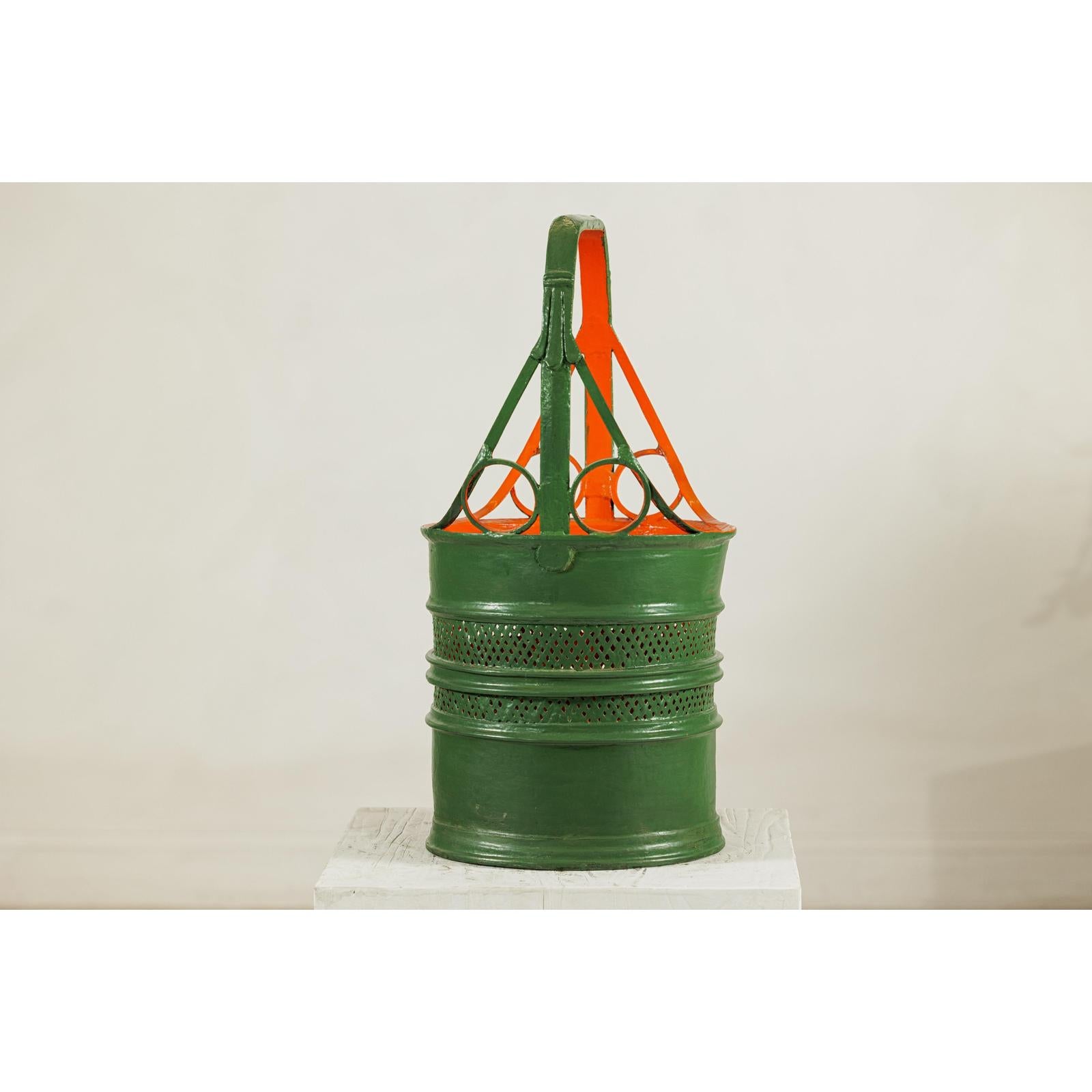 Green and Orange Antique Metal Basket with Openwork Design - image 11