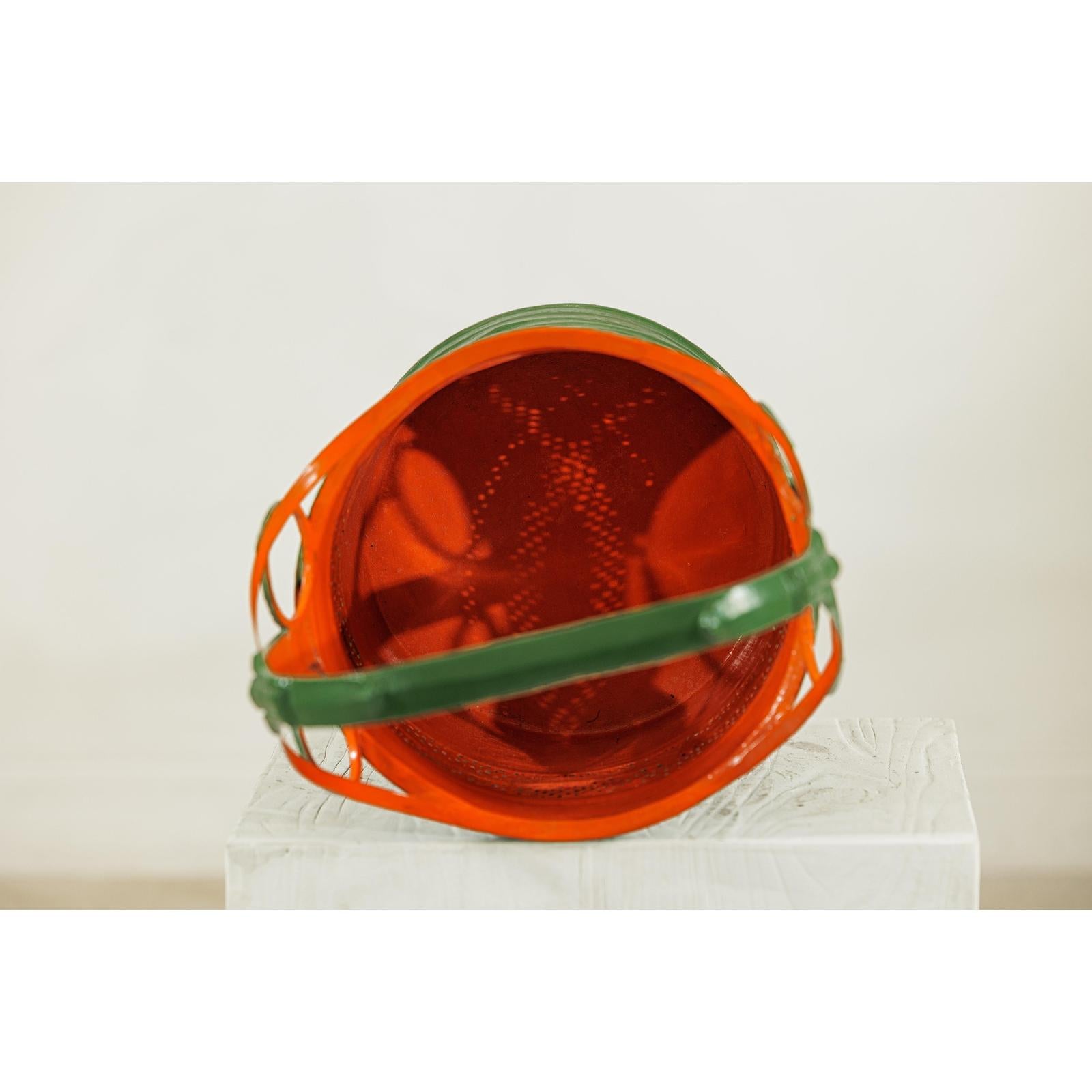 Green and Orange Antique Metal Basket with Openwork Design - image 12