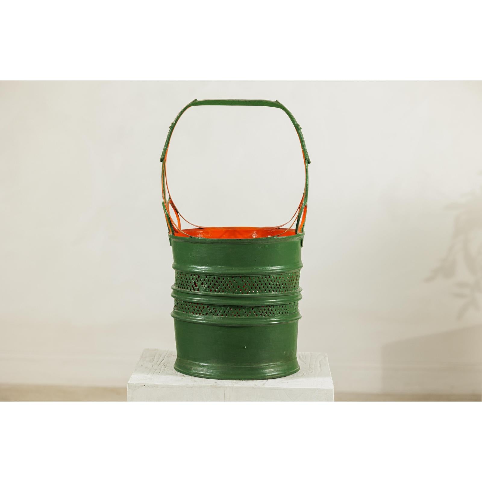 Green and Orange Antique Metal Basket with Openwork Design - image 13