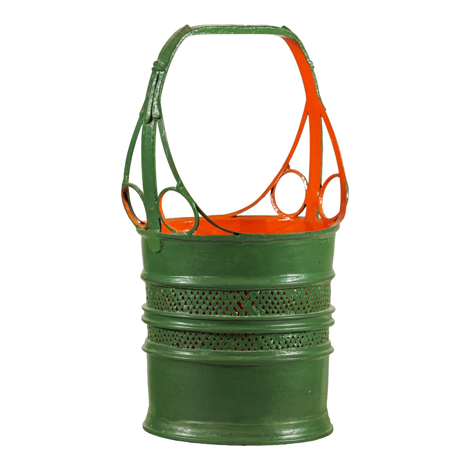 Green and Orange Antique Metal Basket with Openwork Design - image 14