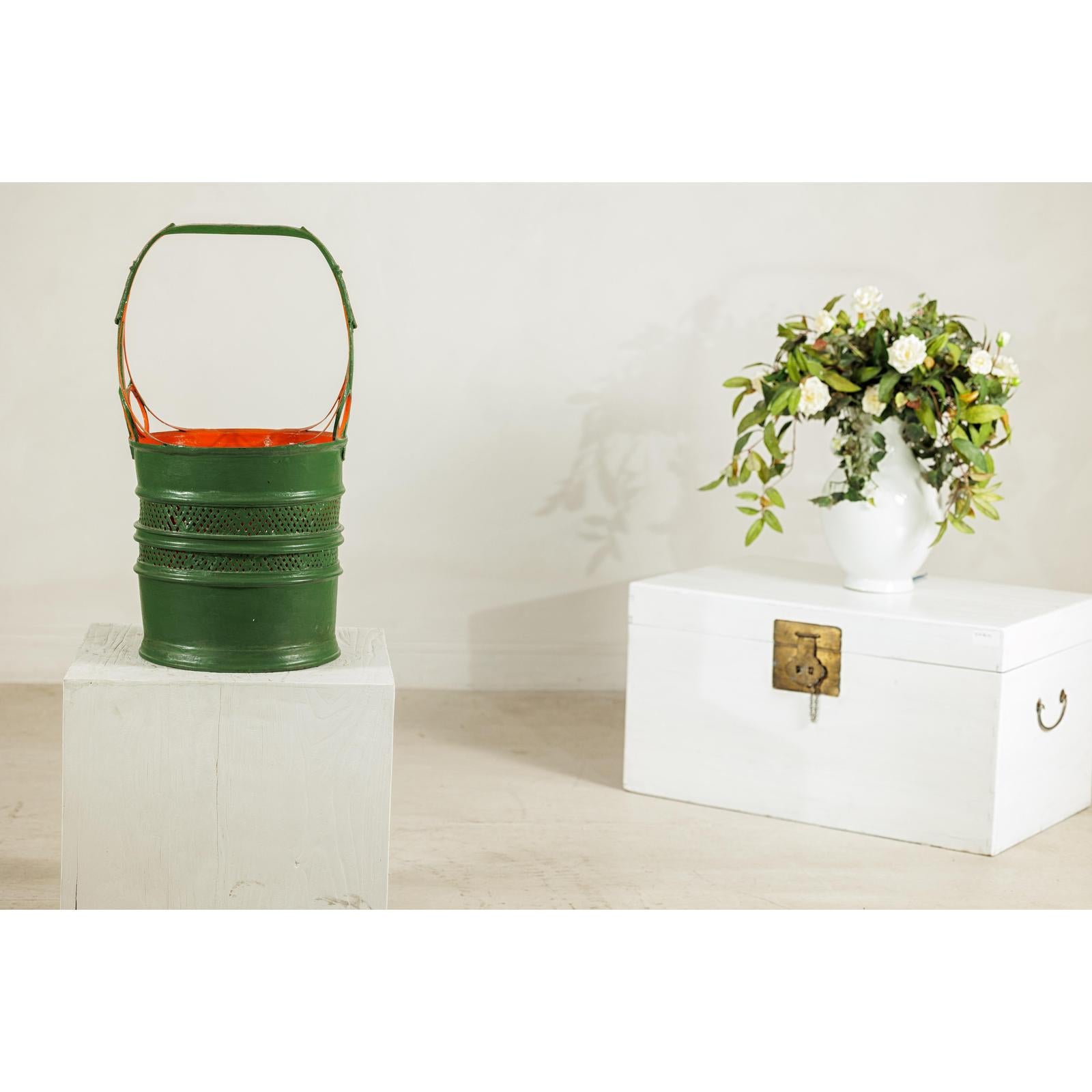 Green and Orange Antique Metal Basket with Openwork Design - image 2