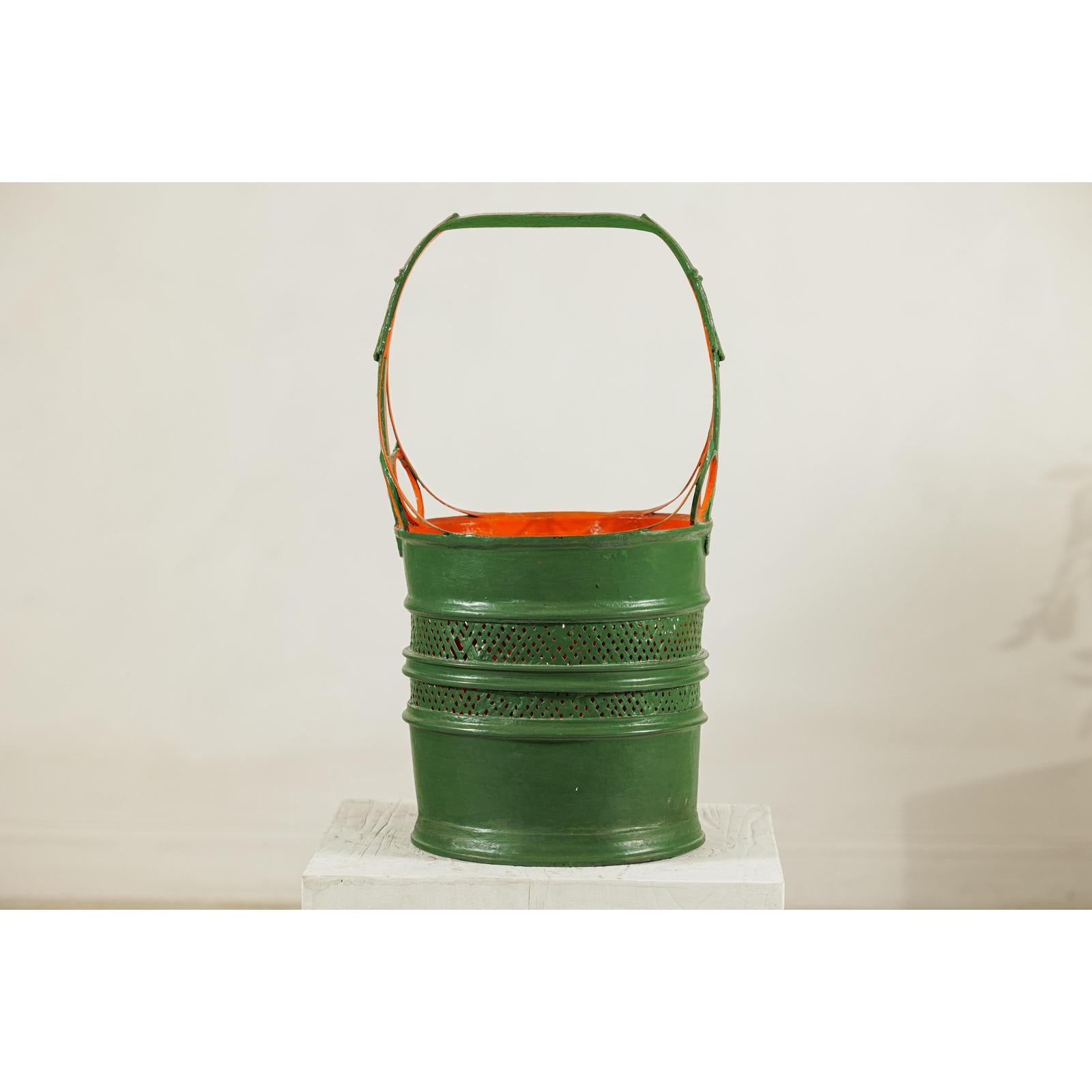 Green and Orange Antique Metal Basket with Openwork Design - image 3