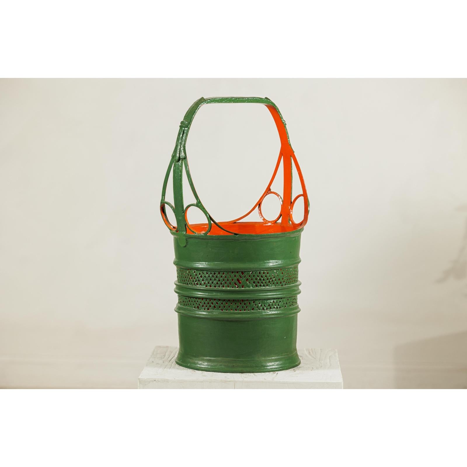 Green and Orange Antique Metal Basket with Openwork Design - image 4