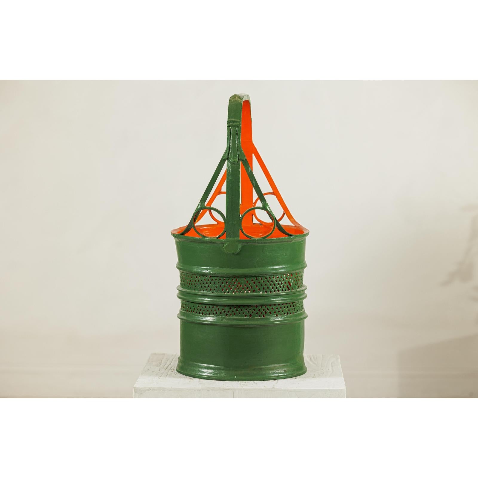 Green and Orange Antique Metal Basket with Openwork Design - image 5