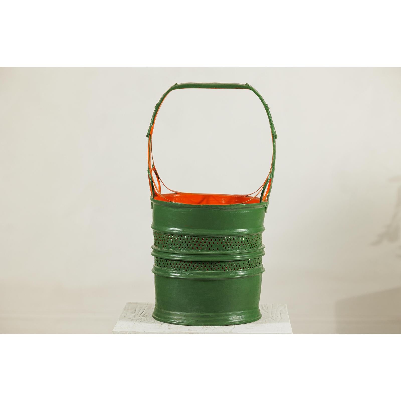 Green and Orange Antique Metal Basket with Openwork Design - image 6