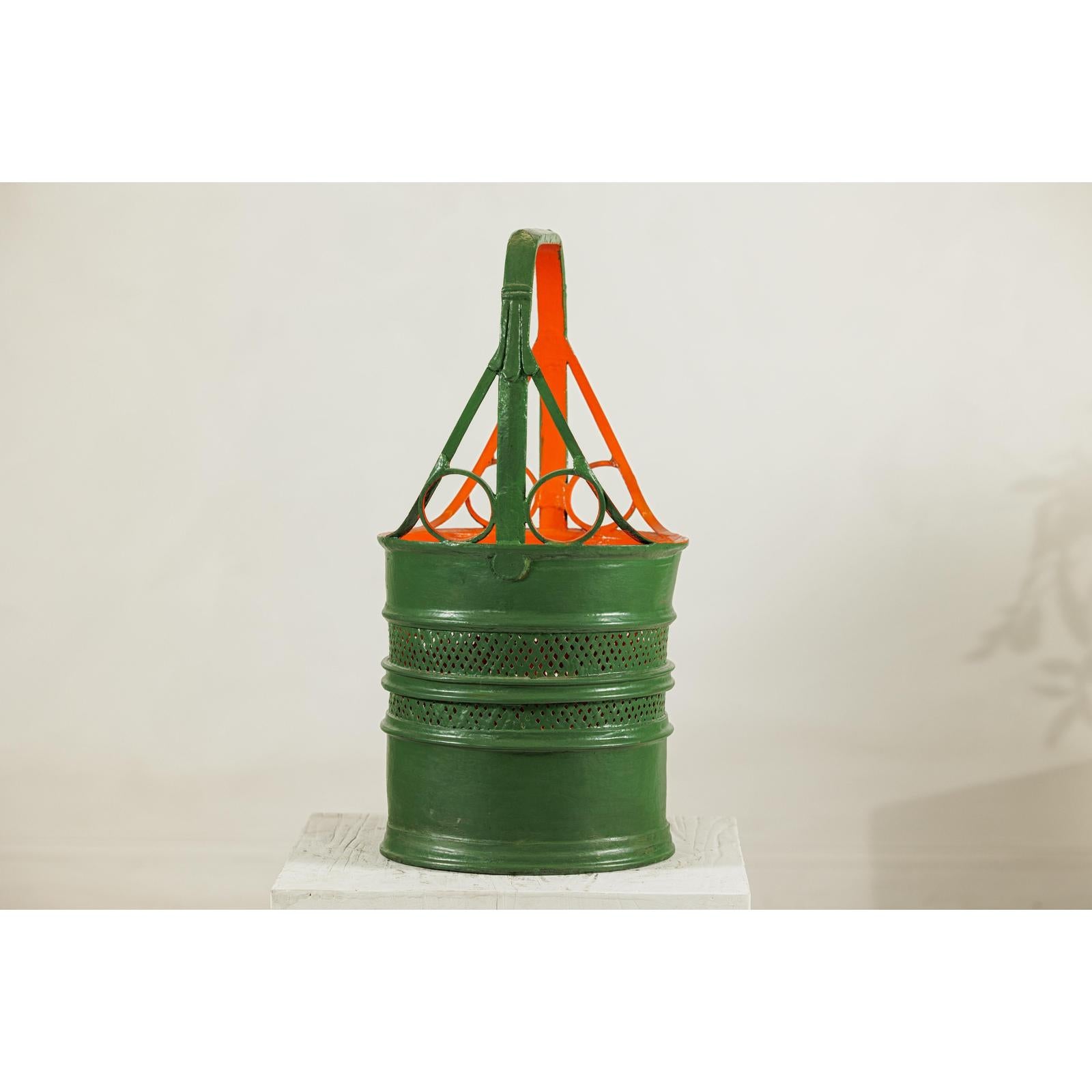 Green and Orange Antique Metal Basket with Openwork Design - image 7