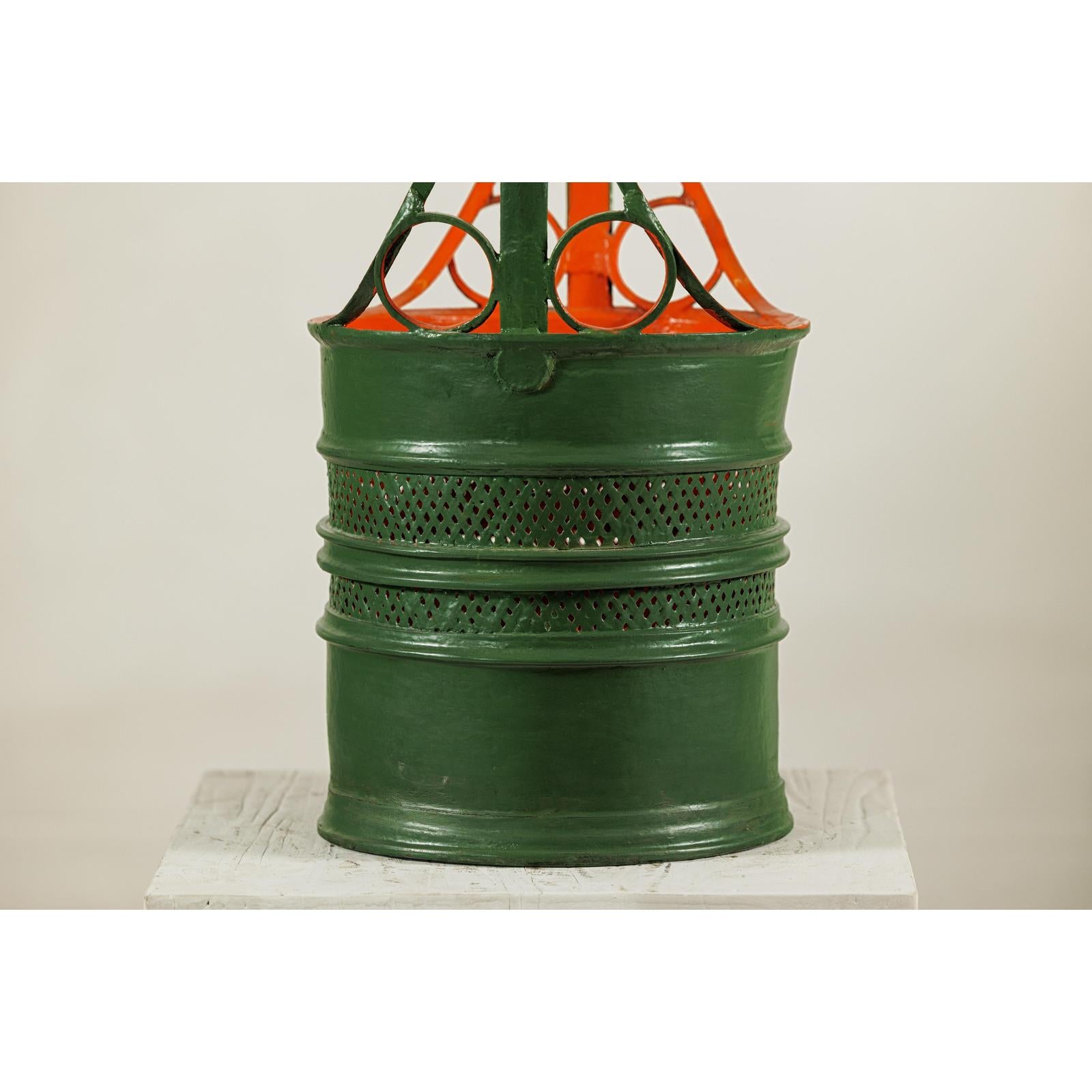 Green and Orange Antique Metal Basket with Openwork Design - image 9