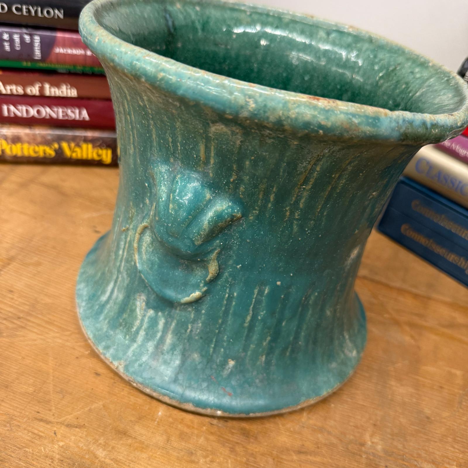 Green and Teal Glazed Planter with Drum Style Form - FEA Home
