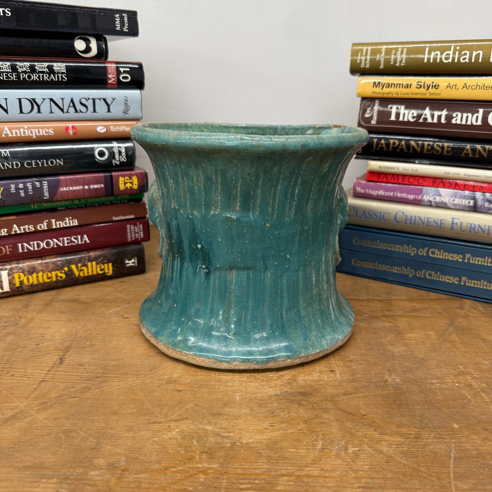 Green and Teal Glazed Planter with Drum Style Form - FEA Home