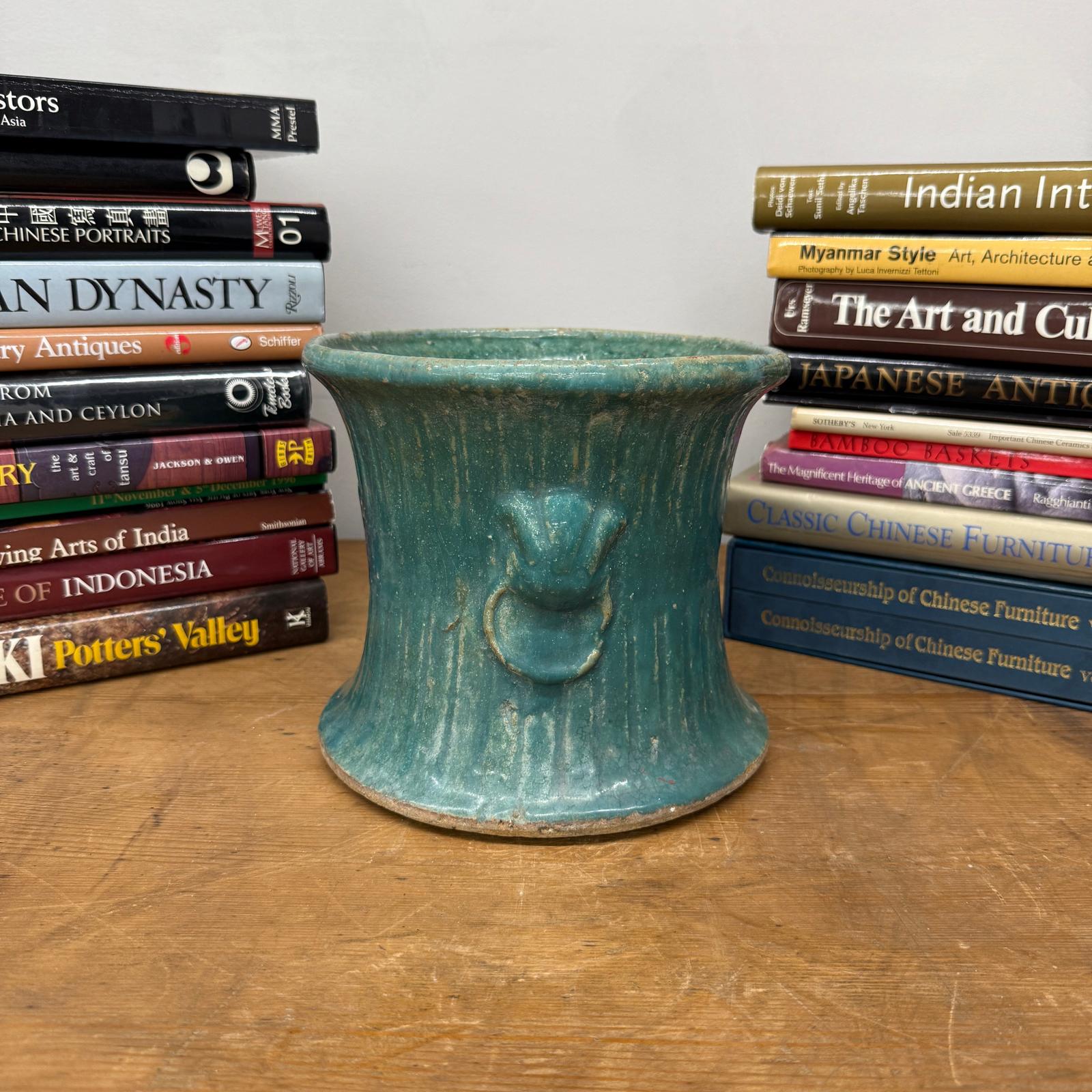 Green and Teal Glazed Planter with Drum Style Form - FEA Home