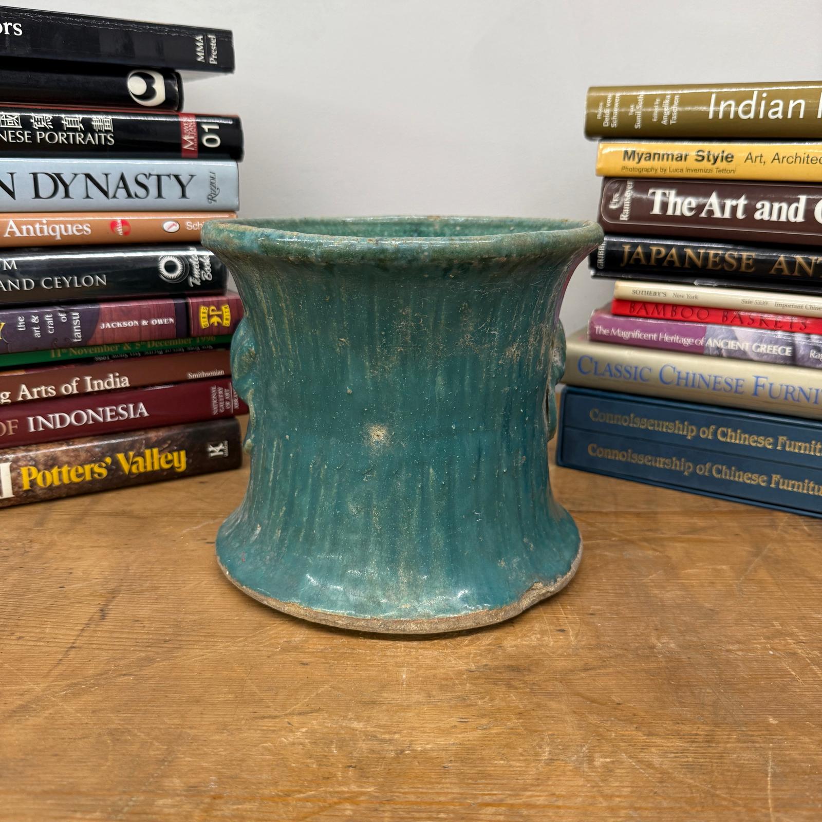 Green and Teal Glazed Planter with Drum Style Form - FEA Home