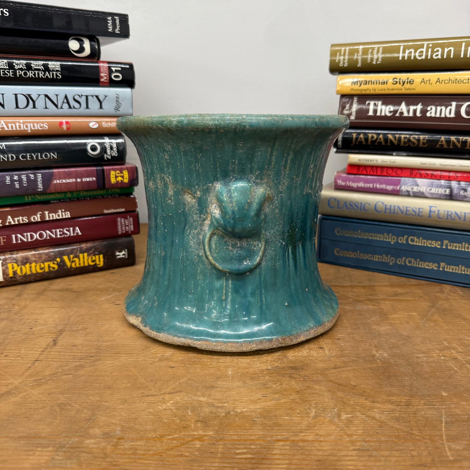 Green and Teal Glazed Planter with Drum Style Form - FEA Home