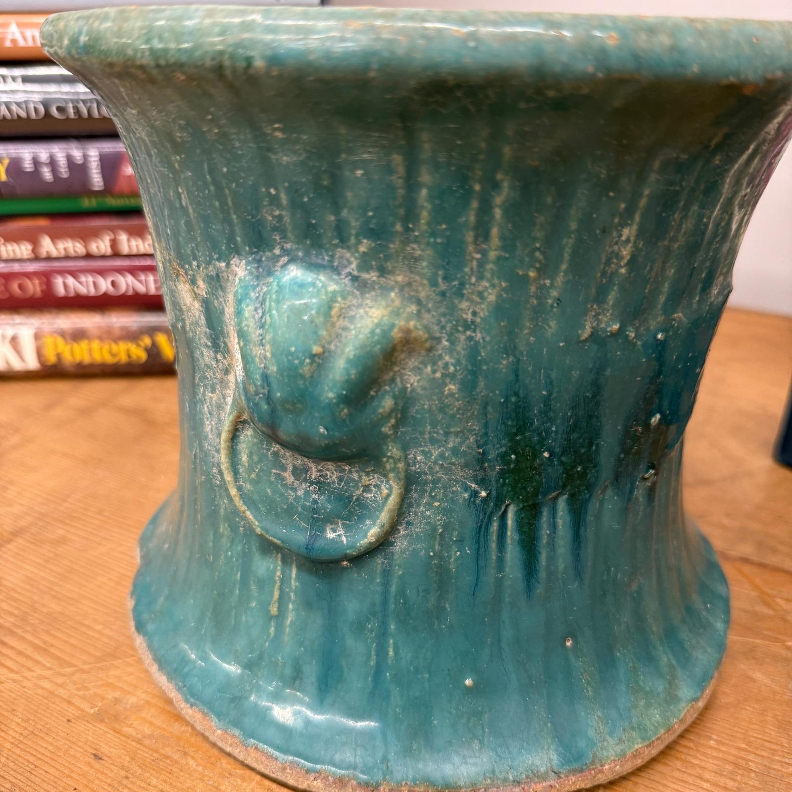 Green and Teal Glazed Planter with Drum Style Form - FEA Home