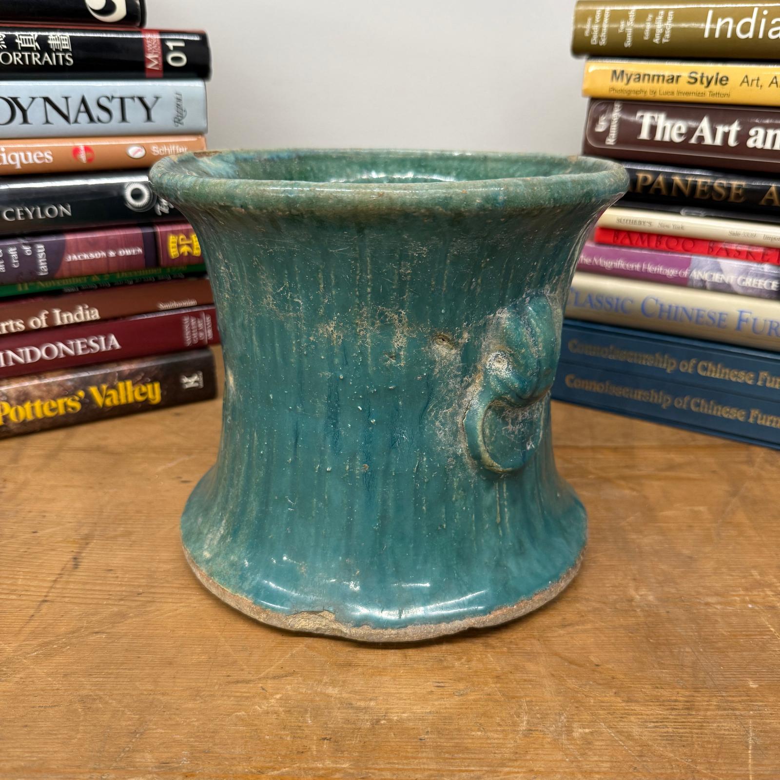 Green and Teal Glazed Planter with Drum Style Form - FEA Home