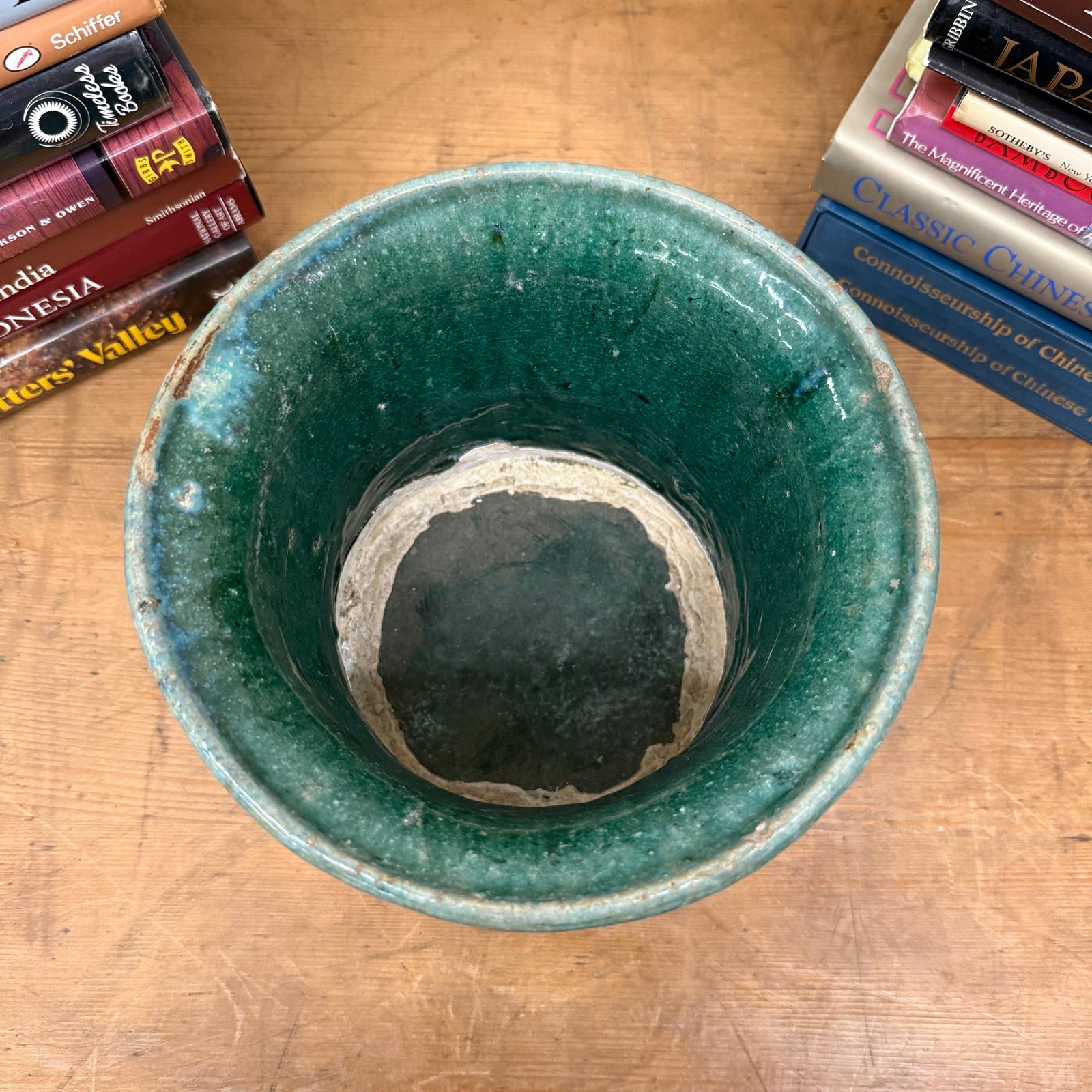 Green and Teal Glazed Planter with Drum Style Form - FEA Home