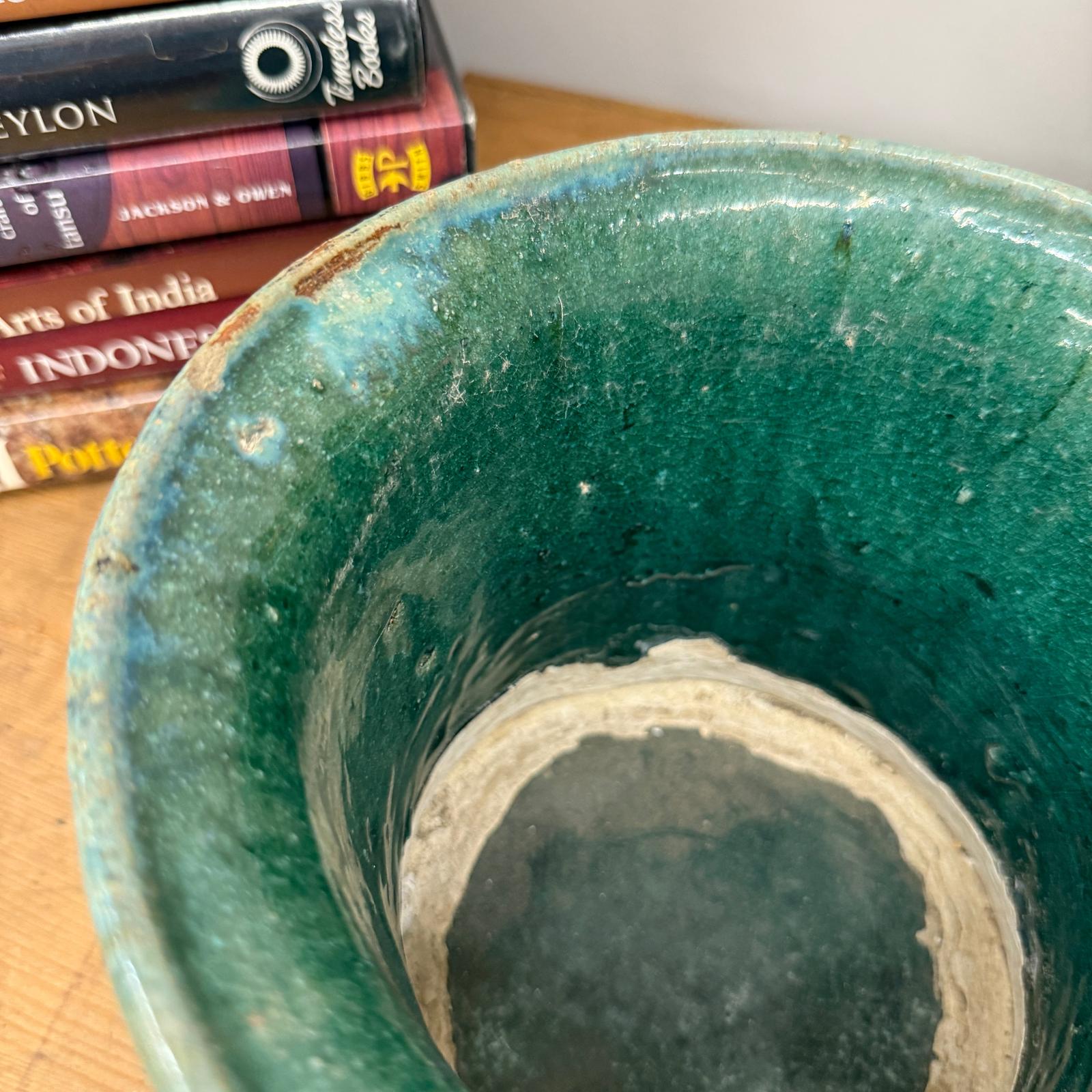 Green and Teal Glazed Planter with Drum Style Form - FEA Home