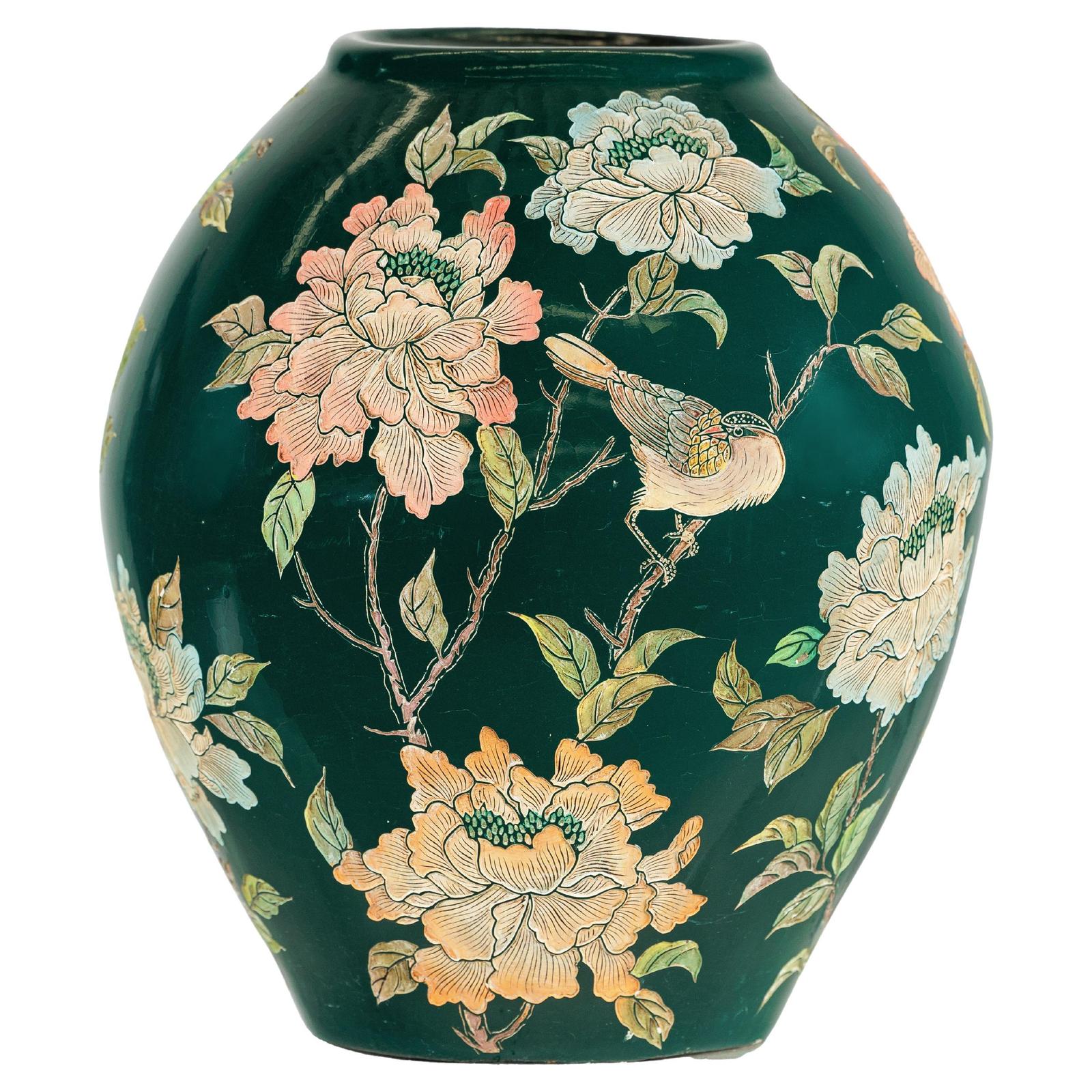 Green Ceramic Vase with Birds, Butterflies, and Floral Decoration-1. Asian & Chinese Furniture, Art, Antiques, Vintage Home Décor for sale at FEA Home