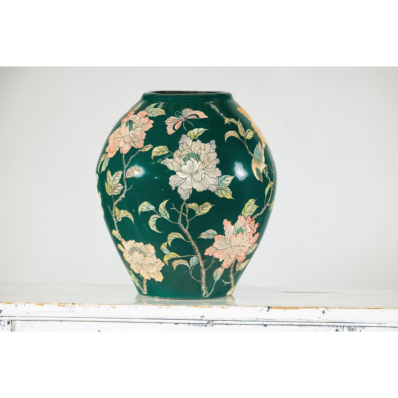 Green Ceramic Vase with Birds, Butterflies, and Floral Decoration-10. Asian &amp; Chinese Furniture, Art, Antiques, Vintage Home Décor for sale at FEA Home