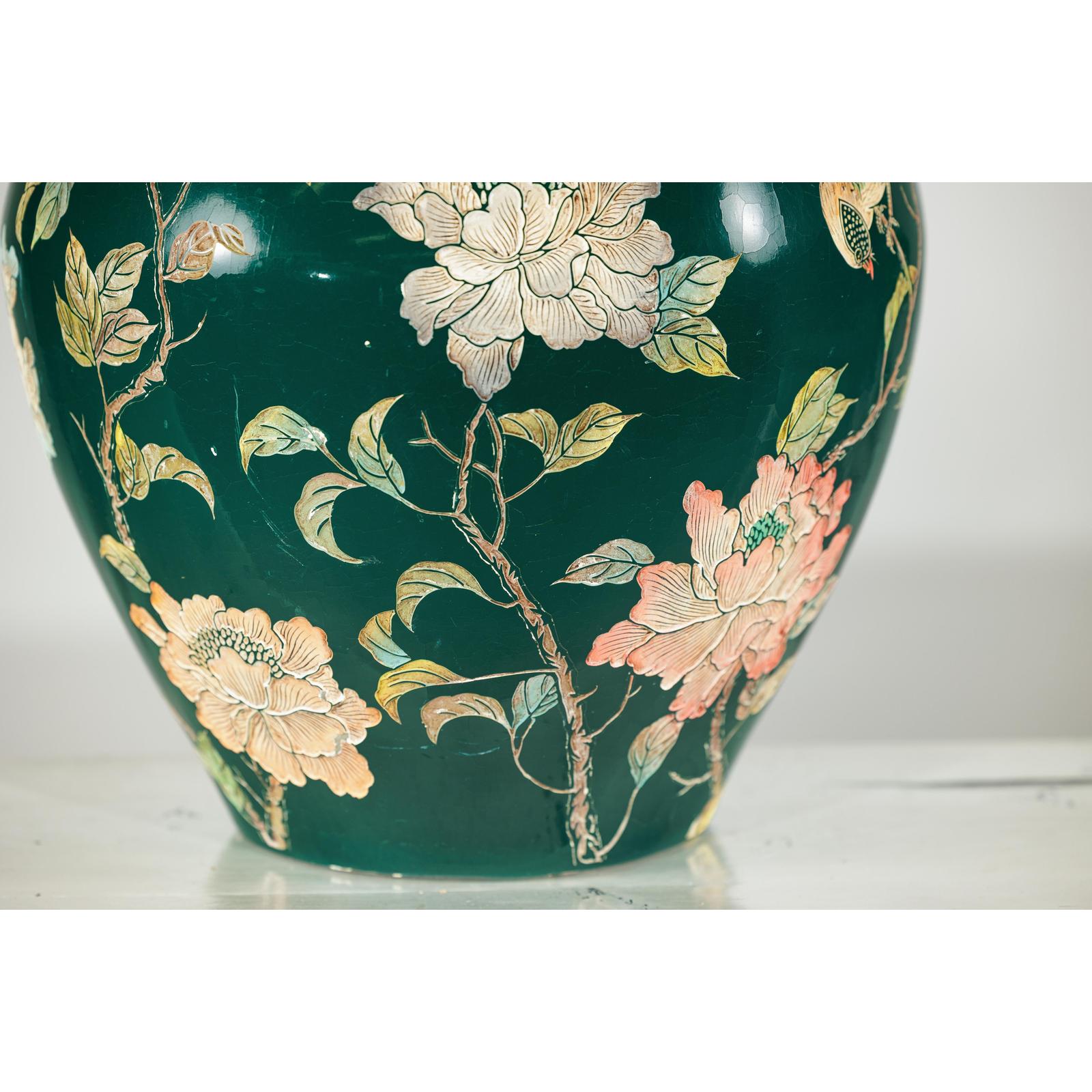 Green Ceramic Vase with Birds, Butterflies, and Floral Decoration-12. Asian &amp; Chinese Furniture, Art, Antiques, Vintage Home Décor for sale at FEA Home