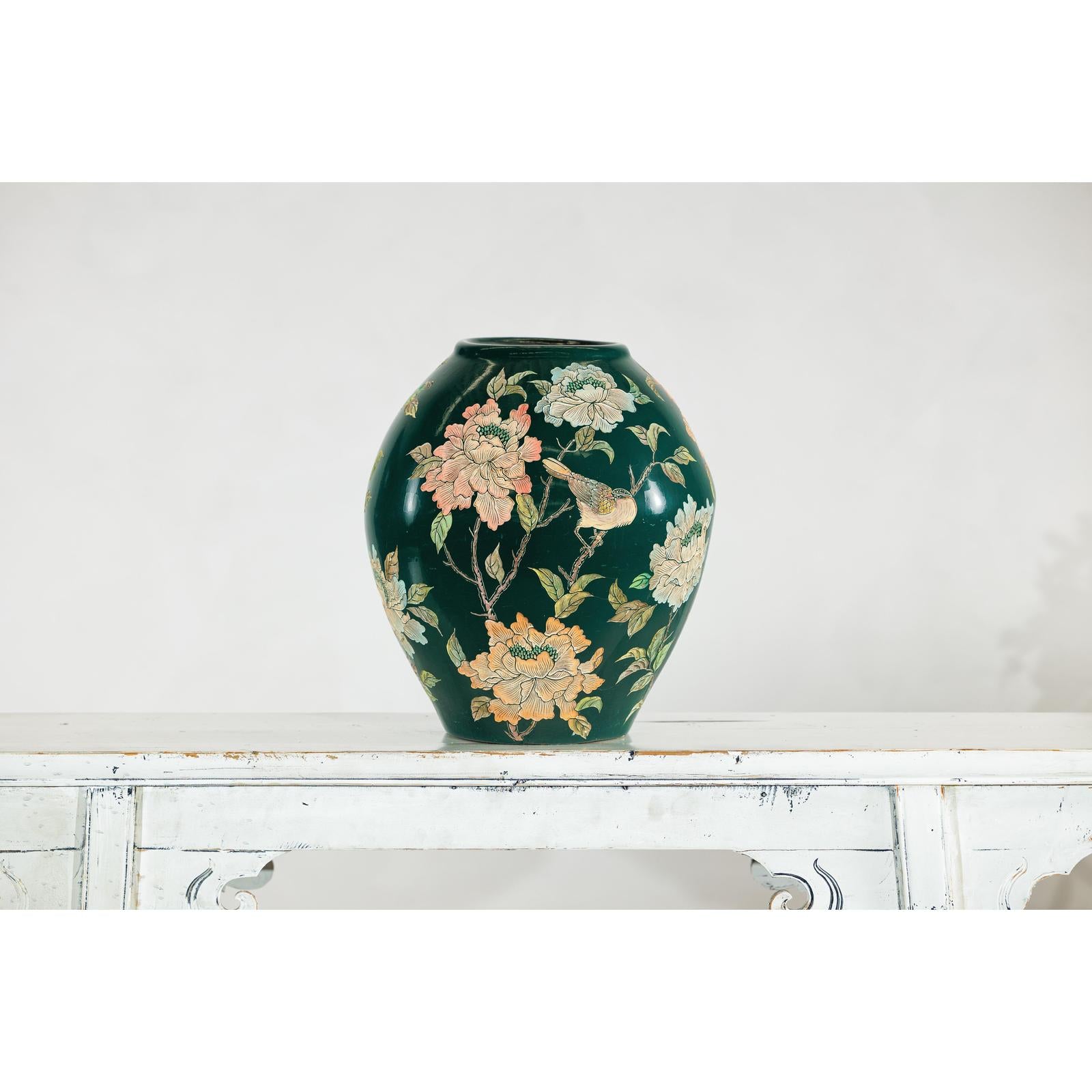 Green Ceramic Vase with Birds, Butterflies, and Floral Decoration-16. Asian &amp; Chinese Furniture, Art, Antiques, Vintage Home Décor for sale at FEA Home