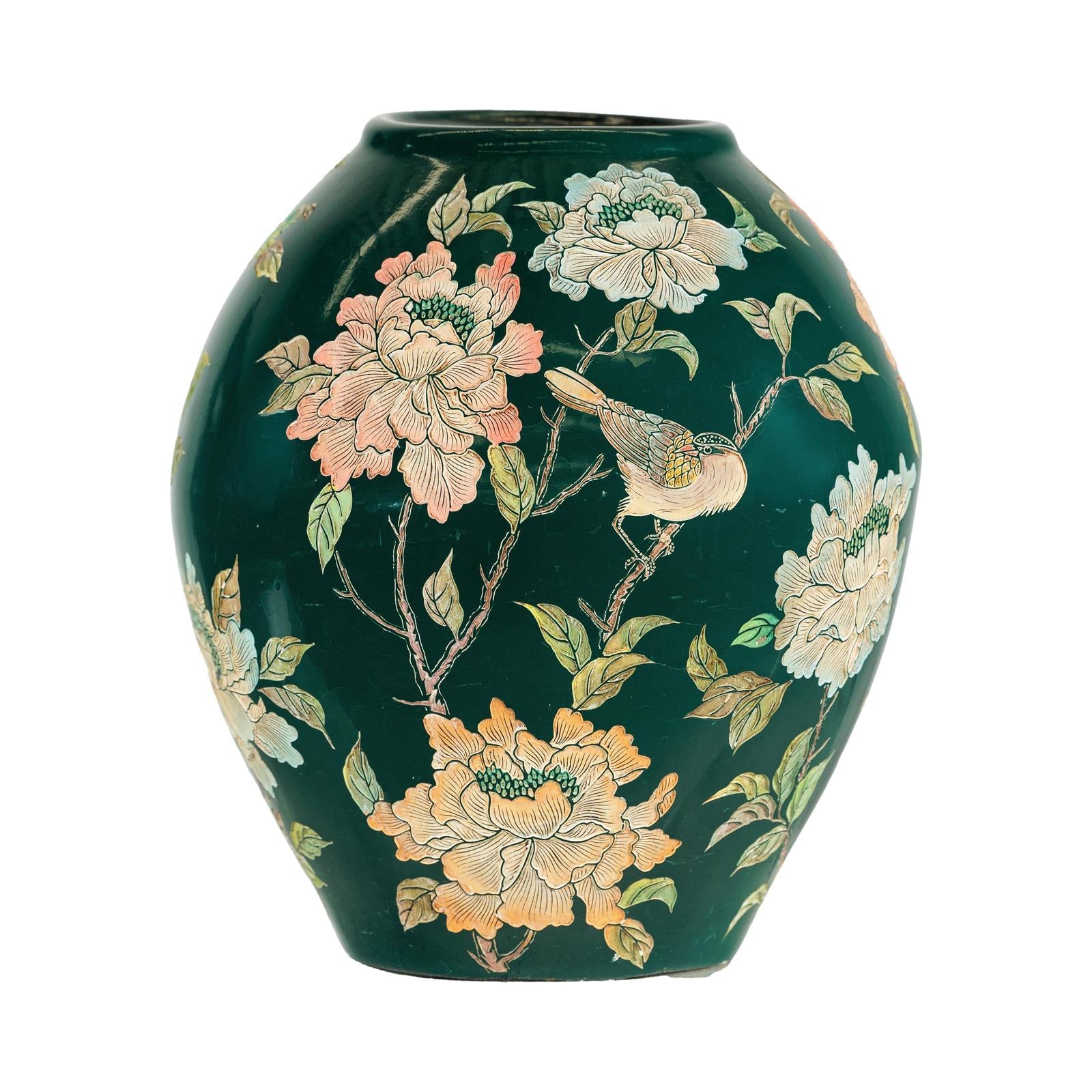 Green Ceramic Vase with Birds, Butterflies, and Floral Decoration-17. Asian &amp; Chinese Furniture, Art, Antiques, Vintage Home Décor for sale at FEA Home
