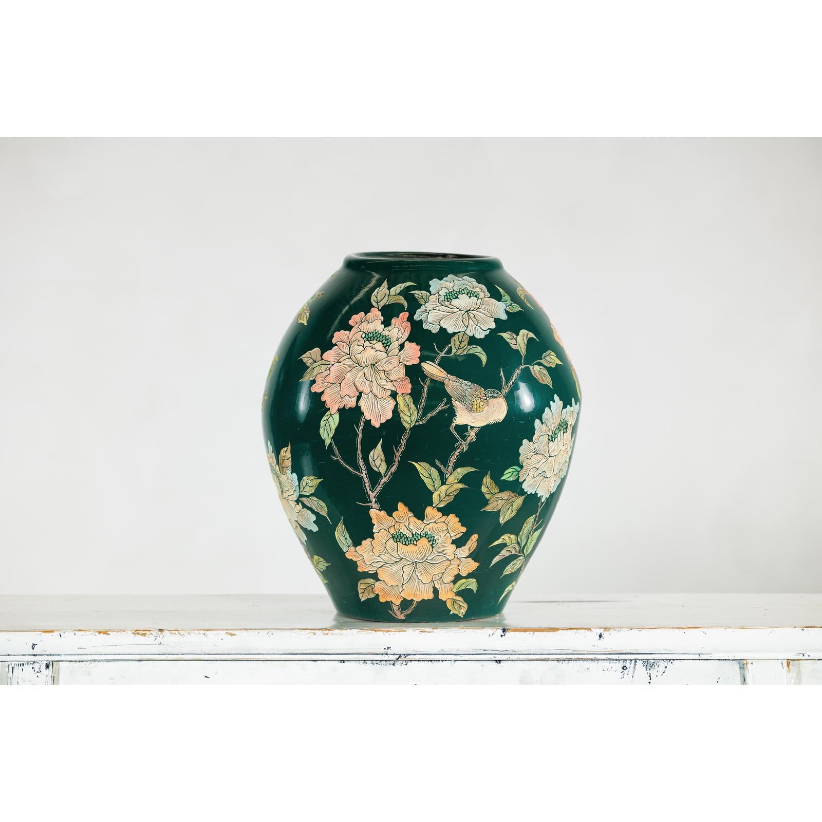 Green Ceramic Vase with Birds, Butterflies, and Floral Decoration-2. Asian & Chinese Furniture, Art, Antiques, Vintage Home Décor for sale at FEA Home