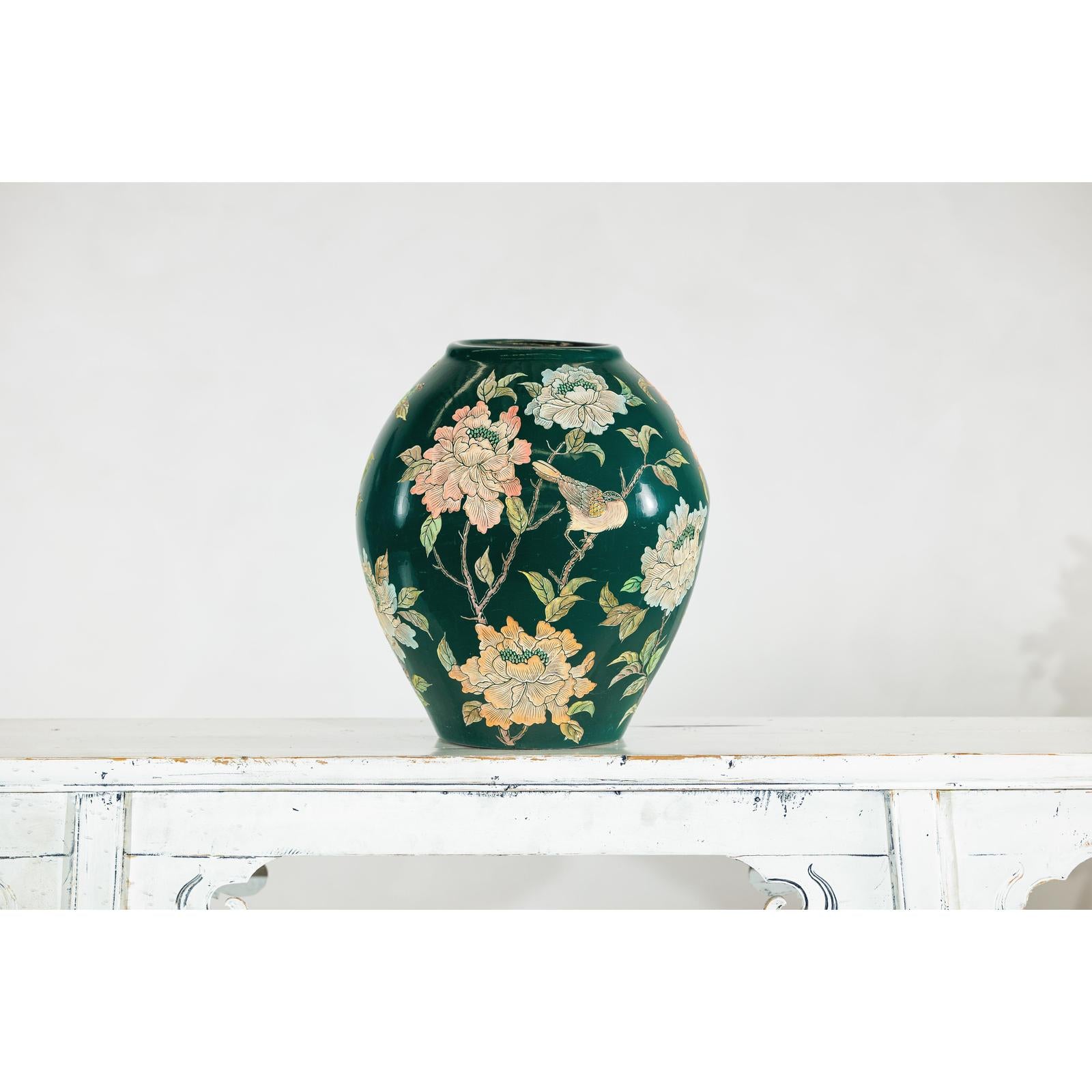 Green Ceramic Vase with Birds, Butterflies, and Floral Decoration-3. Asian &amp; Chinese Furniture, Art, Antiques, Vintage Home Décor for sale at FEA Home