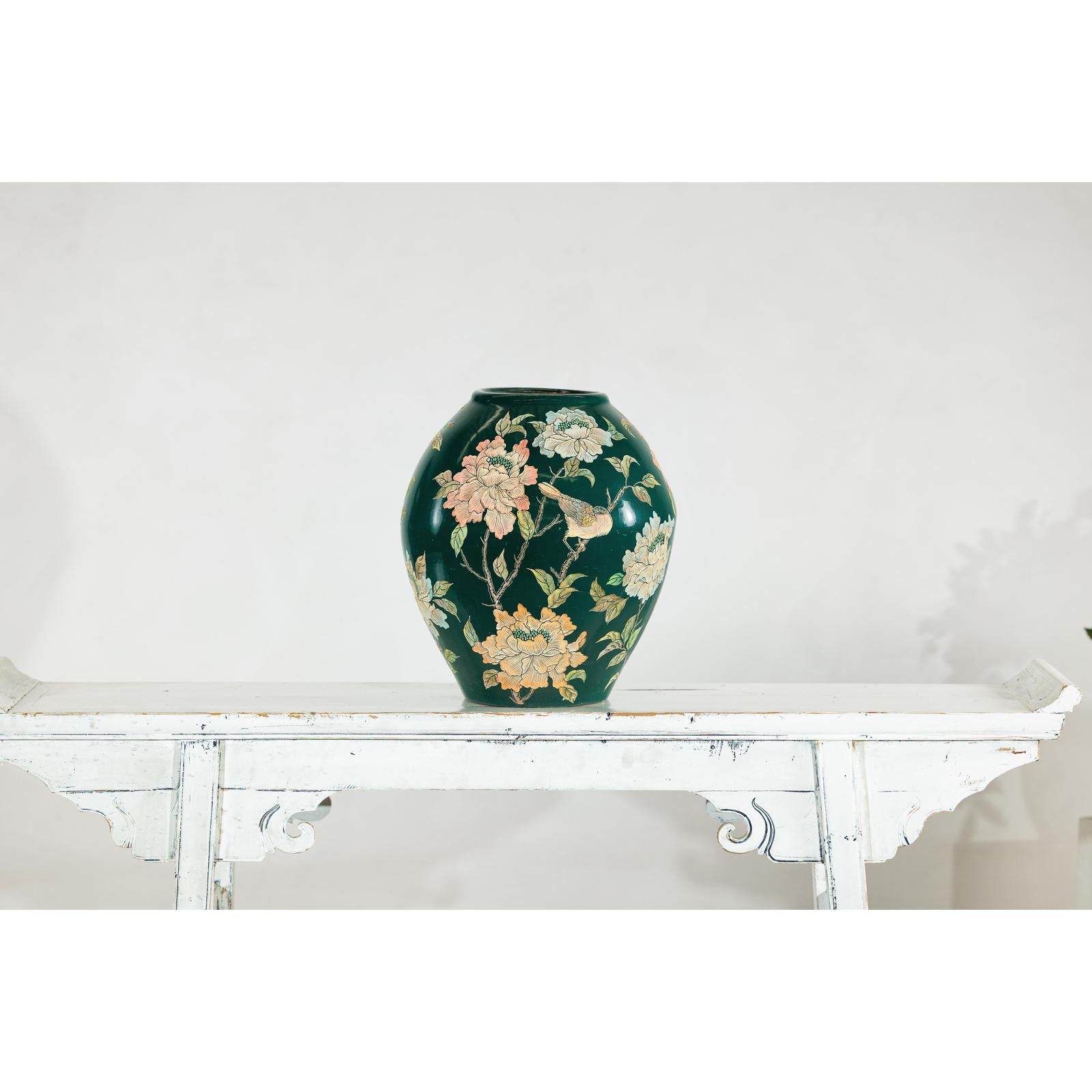 Green Ceramic Vase with Birds, Butterflies, and Floral Decoration-4. Asian &amp; Chinese Furniture, Art, Antiques, Vintage Home Décor for sale at FEA Home