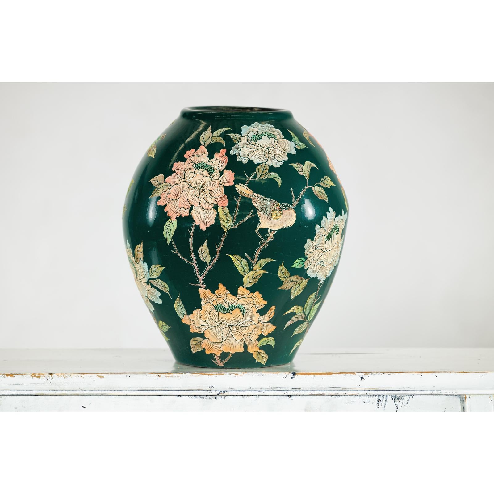 Green Ceramic Vase with Birds, Butterflies, and Floral Decoration-5. Asian &amp; Chinese Furniture, Art, Antiques, Vintage Home Décor for sale at FEA Home